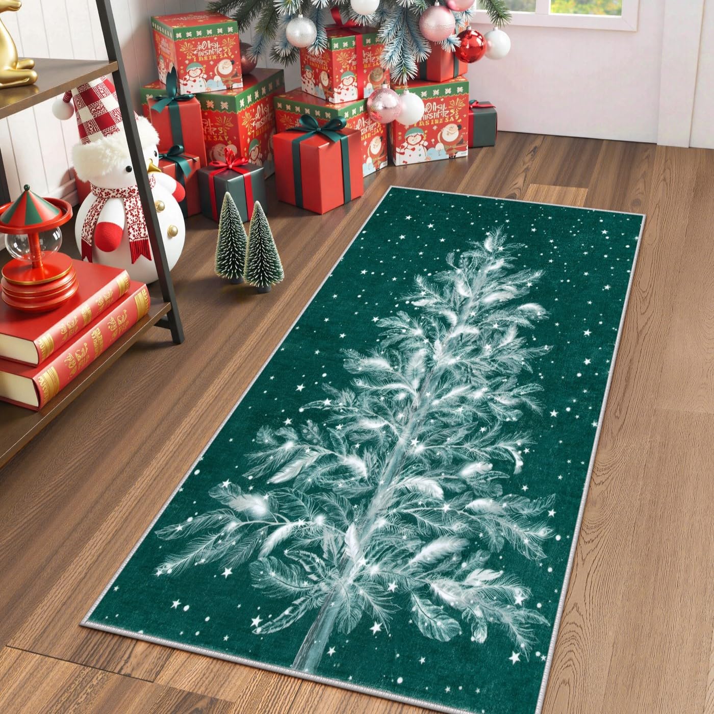 Lahome AR-DYR-409-G3 2 x 4 (ft)Green Christmas Forest Deer Moroccan Full Coverage Pearl Velvet Rectangular Indoor Area Rug