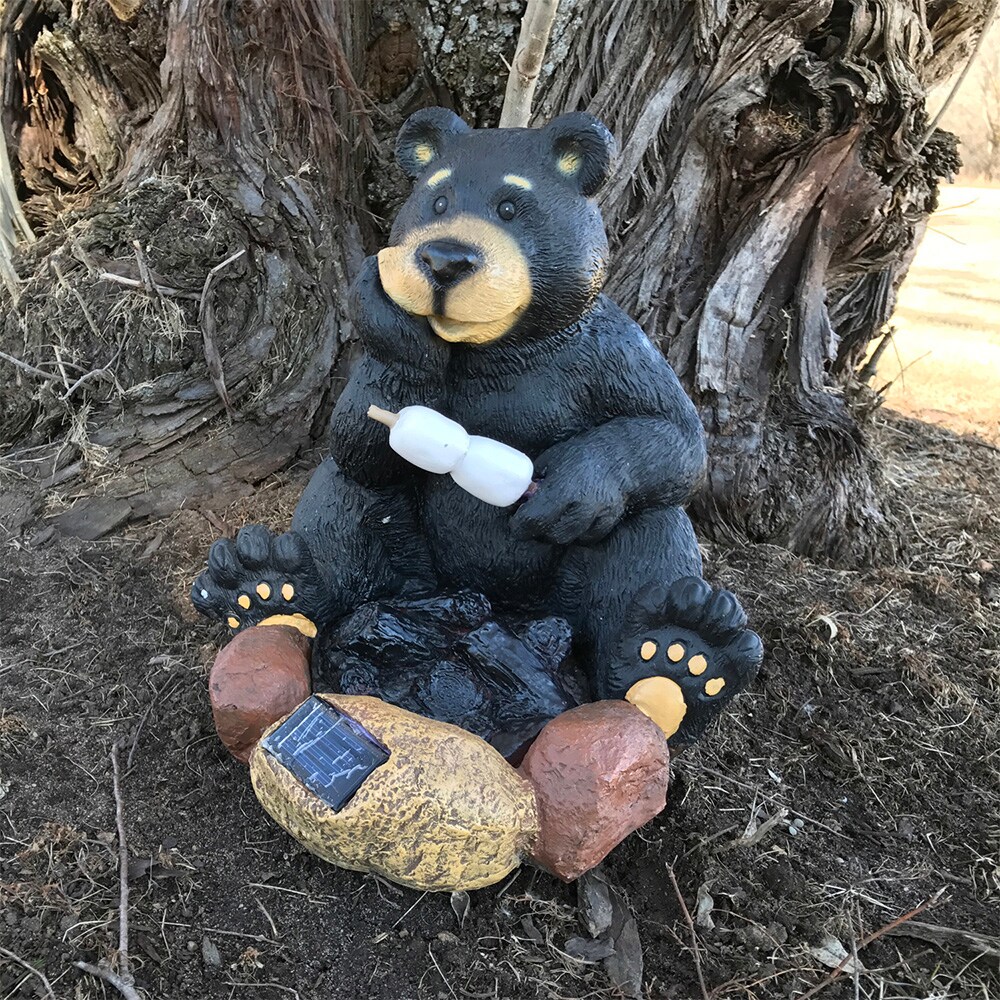 Solar-Powered LED Black Bear Resin Lawn Ornament, 10.8-inch
