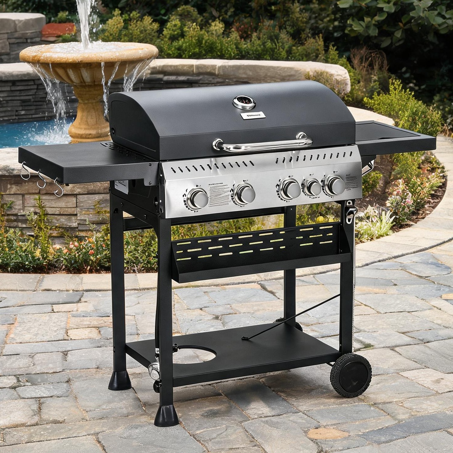 FlowLuxe Outdoor Space Grill with Black Galvanized Steel and Stainless Storage and Shelving