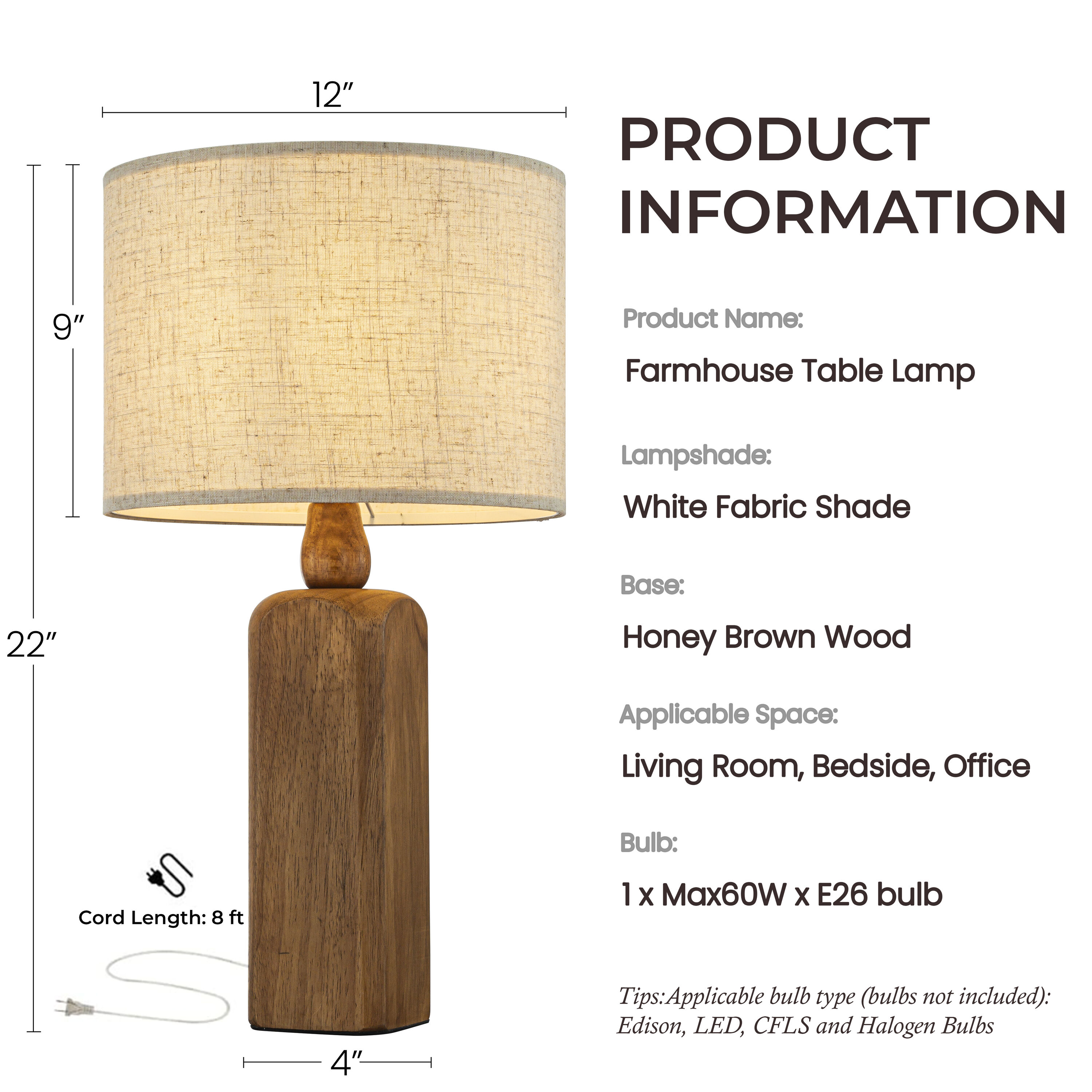 AloaDecor Lighting 22-in Honey Brown LED Incandescent On/Off switch Table Lamp with Fabric Shade