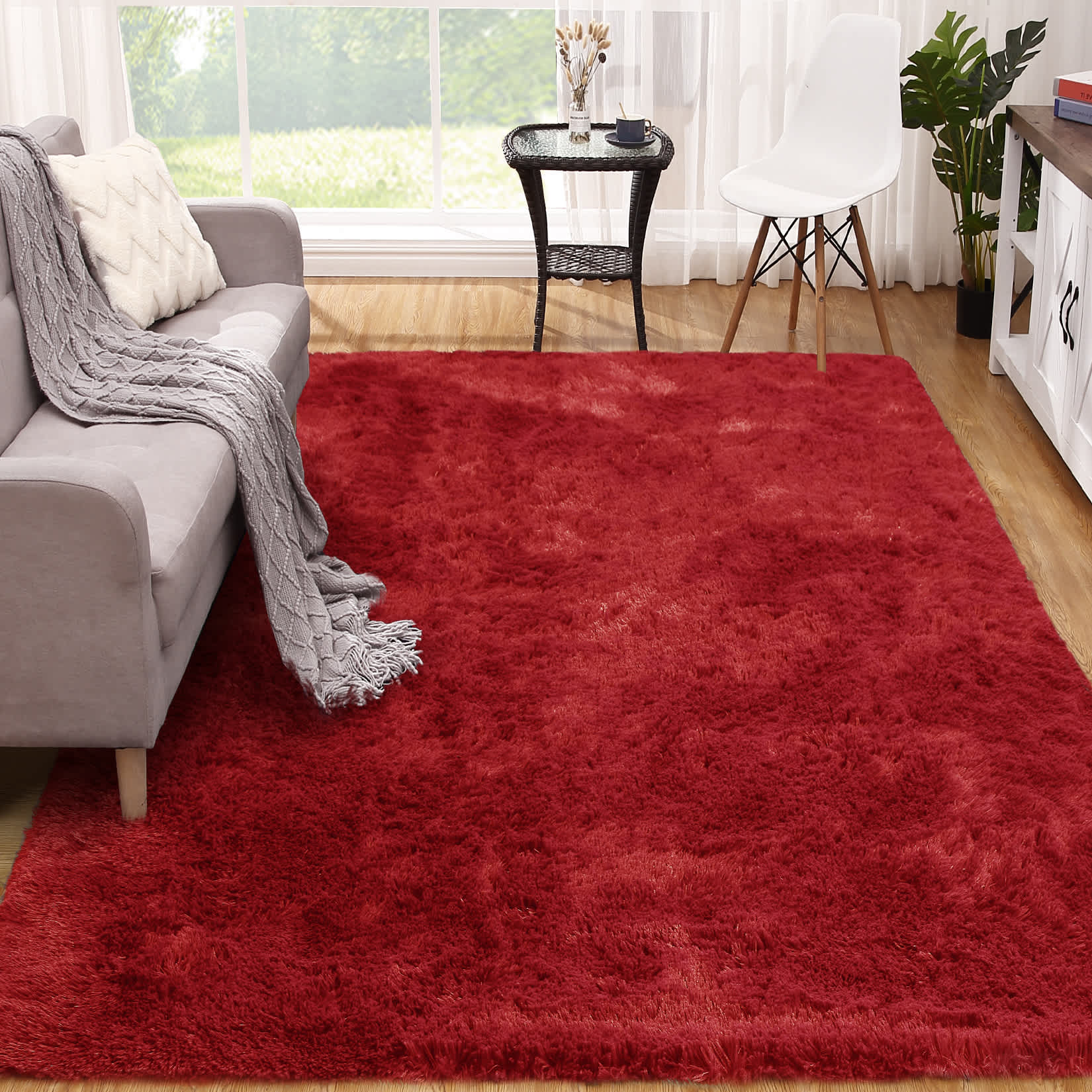 Qeetex SUNNY-PHO-0PW2EO83 9 x 12 ft Polyester Red Rectangular Indoor Solid Modern Fluffy Soft Non Slip Area Rug