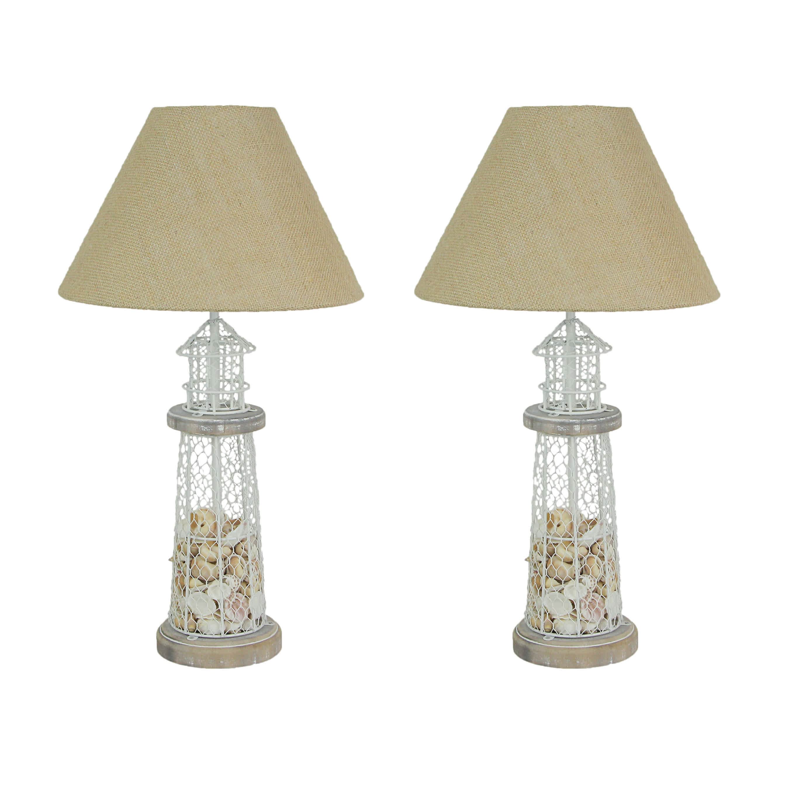 Zeckos ZKO-39257 White and Grey Metal Seashell Filled Lighthouse Table Lamp with Shade Set of 2