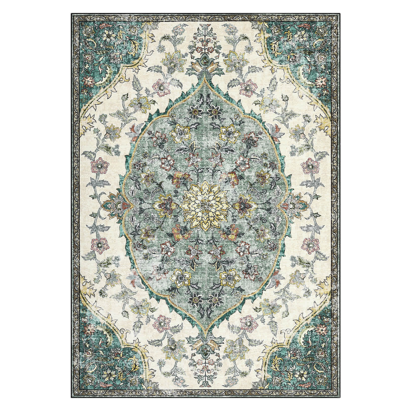 Qeetex LSN-PHK-33GLGEGM 10 x 13 ft Polyester Cashmere Imitation Green Rectangular Hallway Bathroom Entryway Kitchen Office Foldable Flower Printed Persian Washable Area Rug