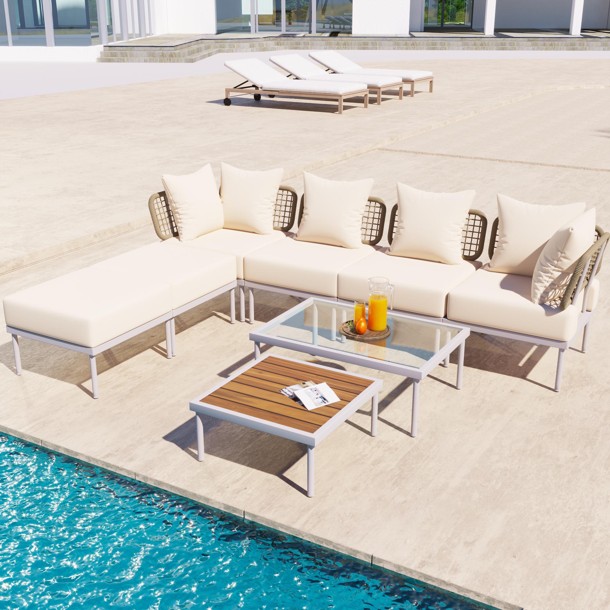 Bayfeve 8-Piece Woven Patio Conversation Set with Off-white Cushions ...