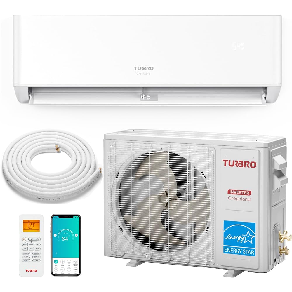 TURBRO  12000 BTU Ductless Mini Split Inverter AC with Heat Pump 23 SEER2 1 Ton 115V Energy Star R454B Pre Charged Evaporator WiFi Enabled Cools up to 750 Sq Ft Greenland Series Heating and Cooling Air Conditioner System