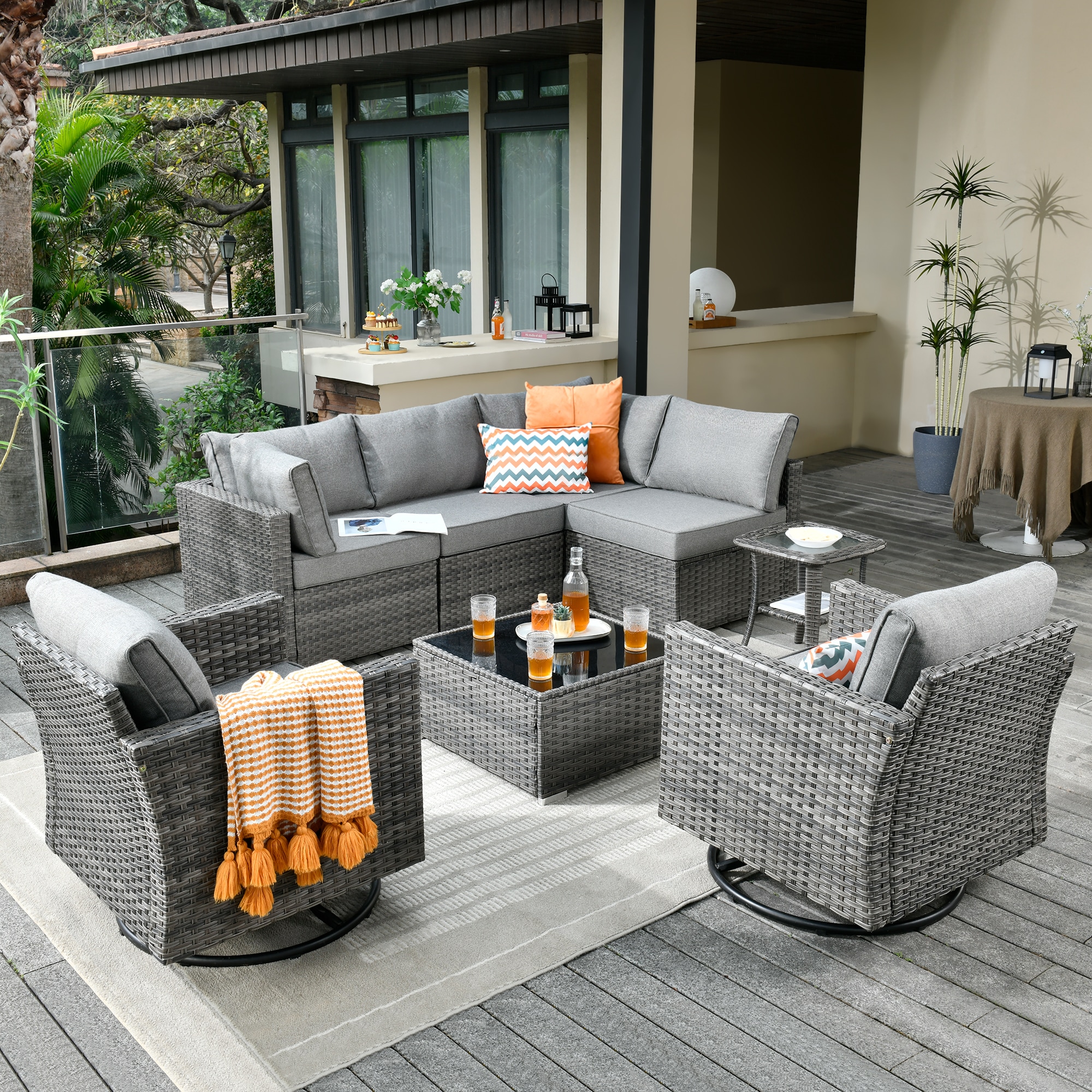 weaxty Kuuga 8-Piece Wicker Patio Conversation Set with Gray Cushions ...