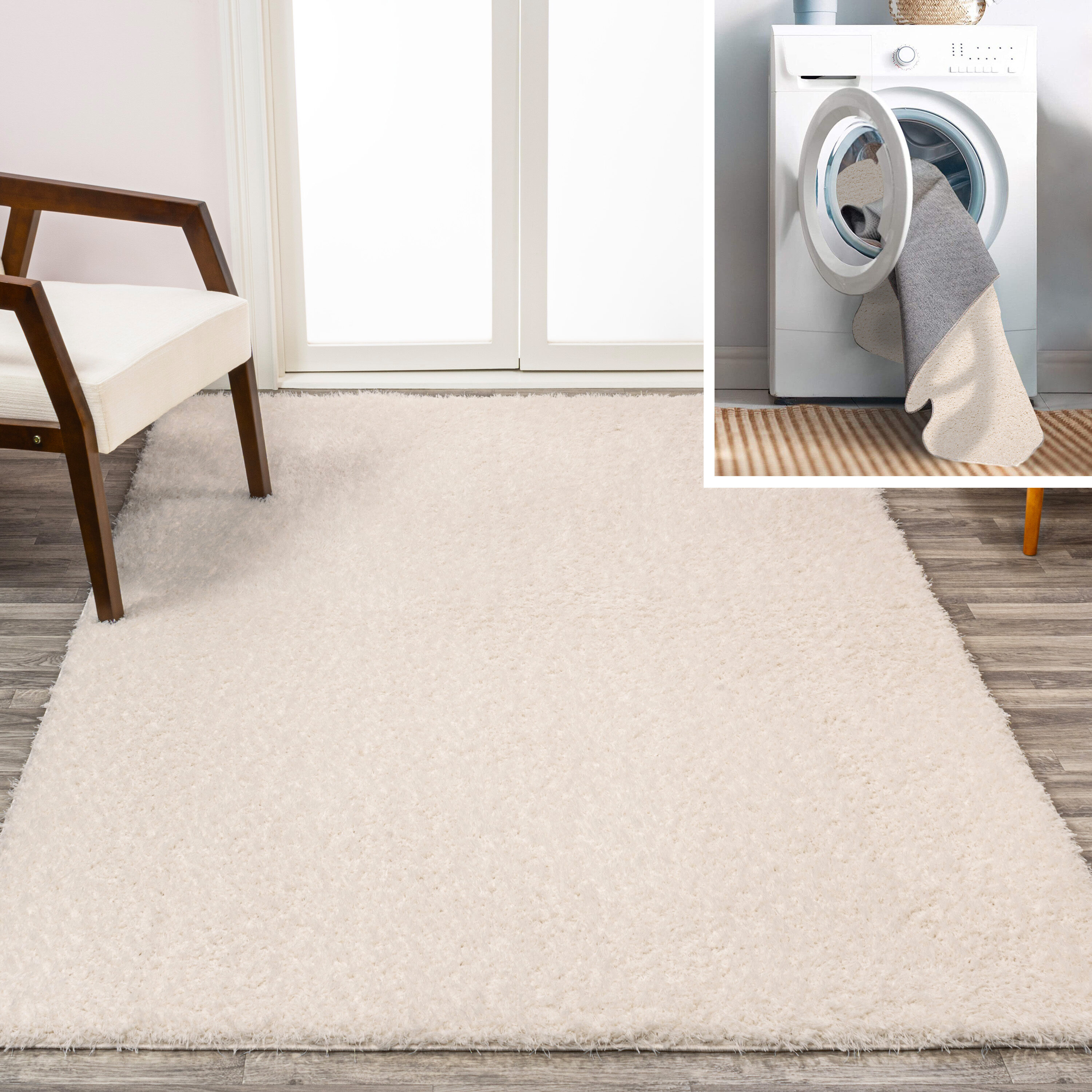 JONATHAN  Y WSH400A-4 WASHABLE Clayton Coastal Solid Glam Shag 4 x 6 (ft) Loomed Polyester White Rectangular Indoor Solid Coastal Machine washable Area rug