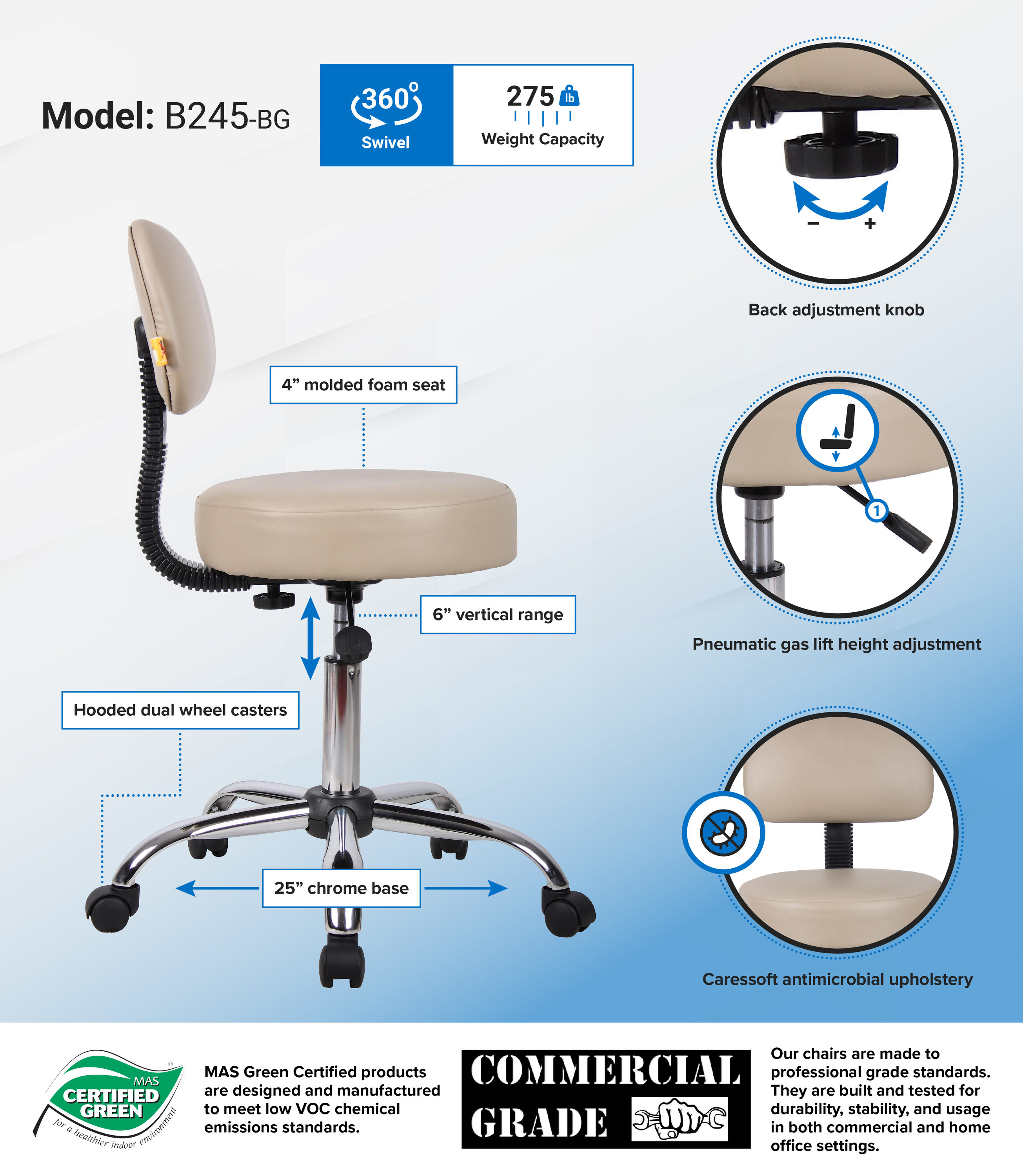 ErgoFlex Adjustable Beige Vinyl and Metal Medical Stool