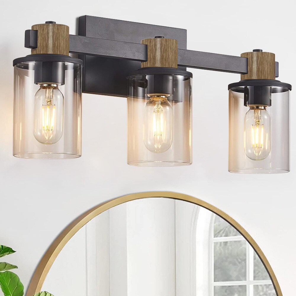 Fylbinye Matte Black Bathroom Vanity Light with Glass Shade 17.3-in 3-Light Matte Black Modern ...