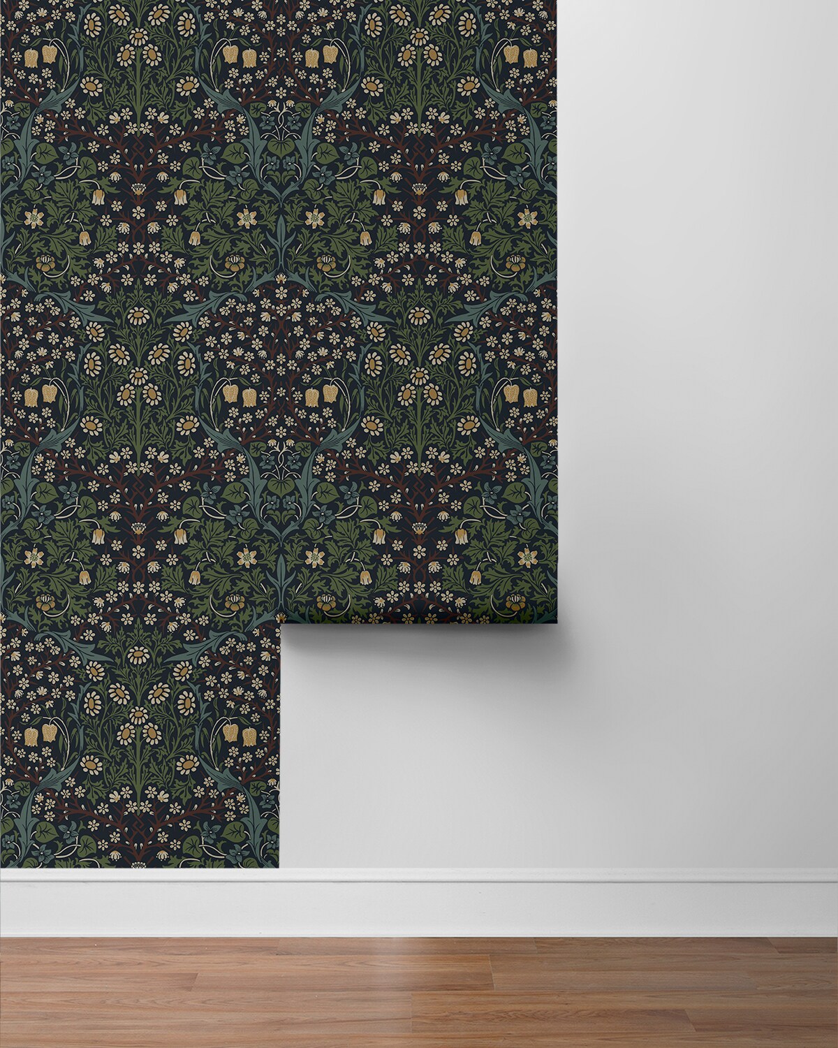 Midnight Blue and Evergreen Damask Floral Peel and Stick Wallpaper