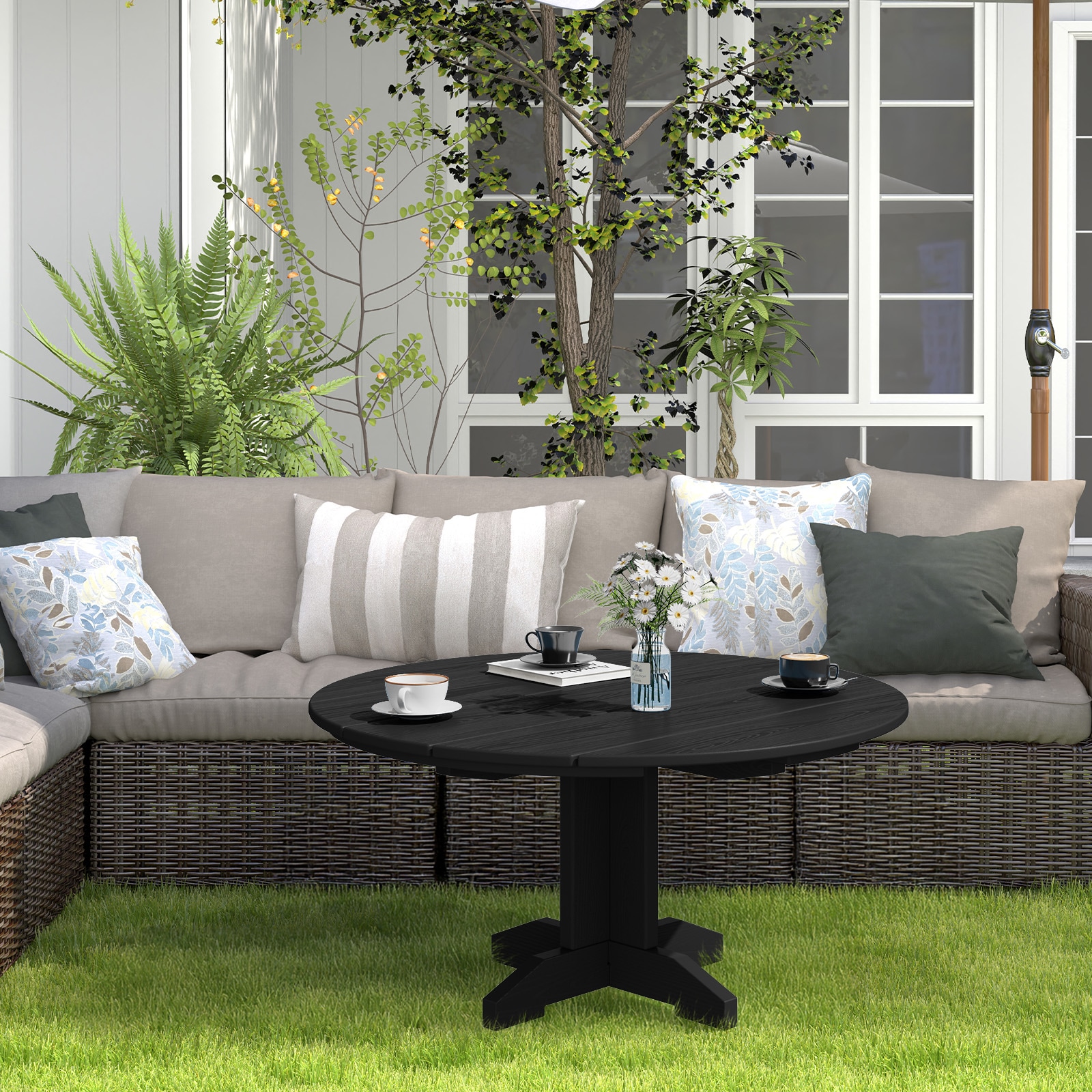 VOUA TPHJ-BK HDPE All-Weather Coffee Table Round Outdoor Coffee 35.8-in W x 35.8-in L
