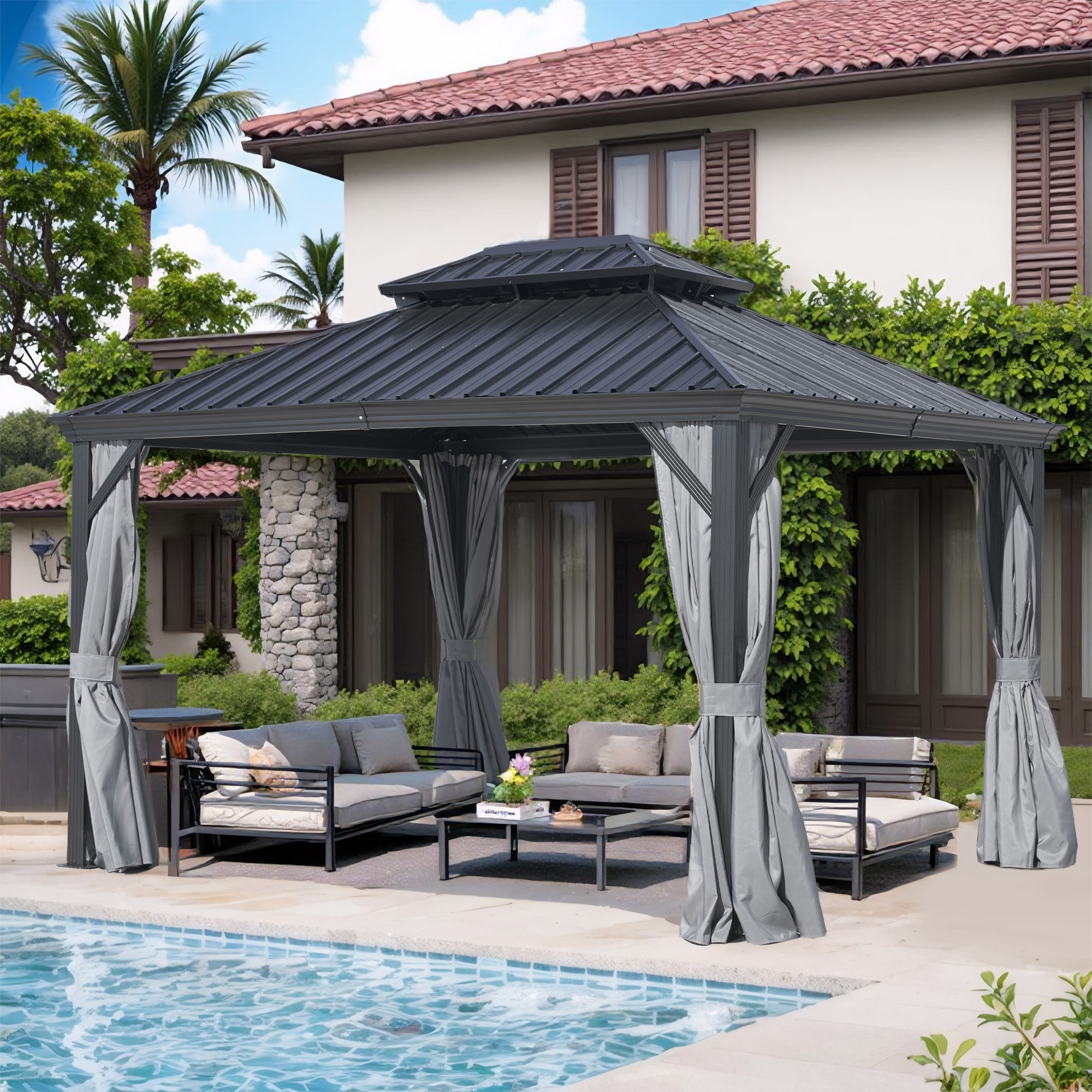 Xspracer ML-GA86S0011 16-ft x 12-ft GA Grey Gazebo with Hardtop Roof (Screen Included)