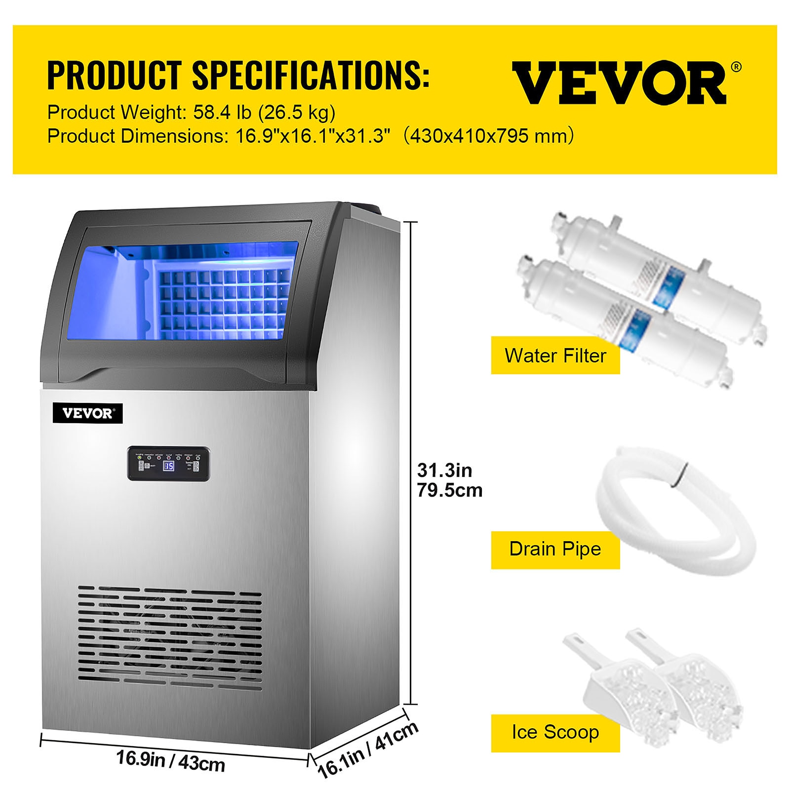 VEVOR 110V Commercial Ice Maker 120lbs/24h,Ice Machine with 22lbs Storage 5  x 9 Cubes Stainless Steel Auto Clean for Bar Home Supermarkets Includes  Scoop and Connection Hose 