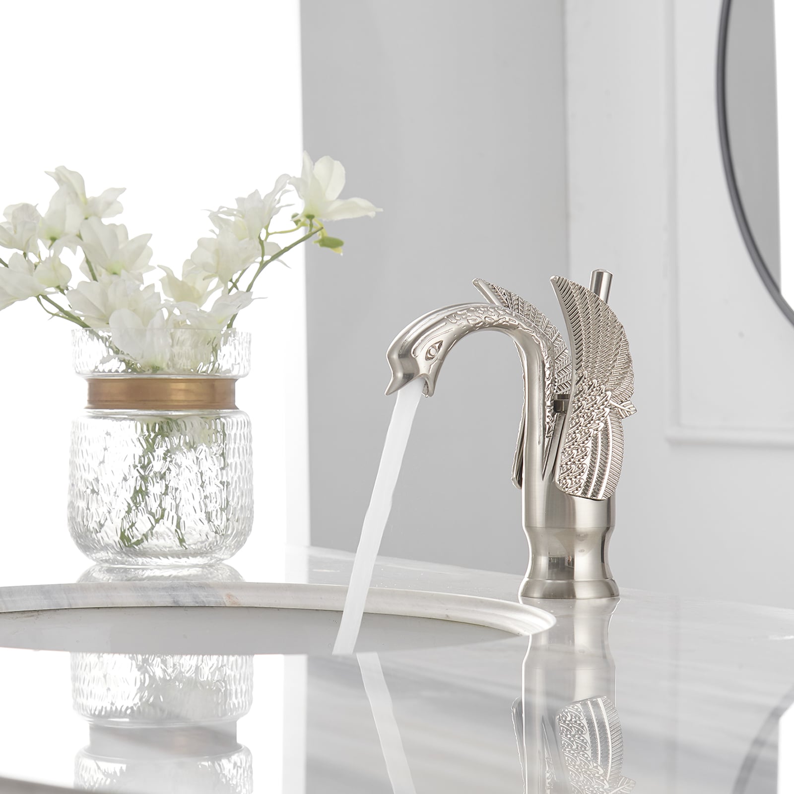 Brushed Nickel Swan Single Handle Bathroom Faucet with Pop Up Drain
