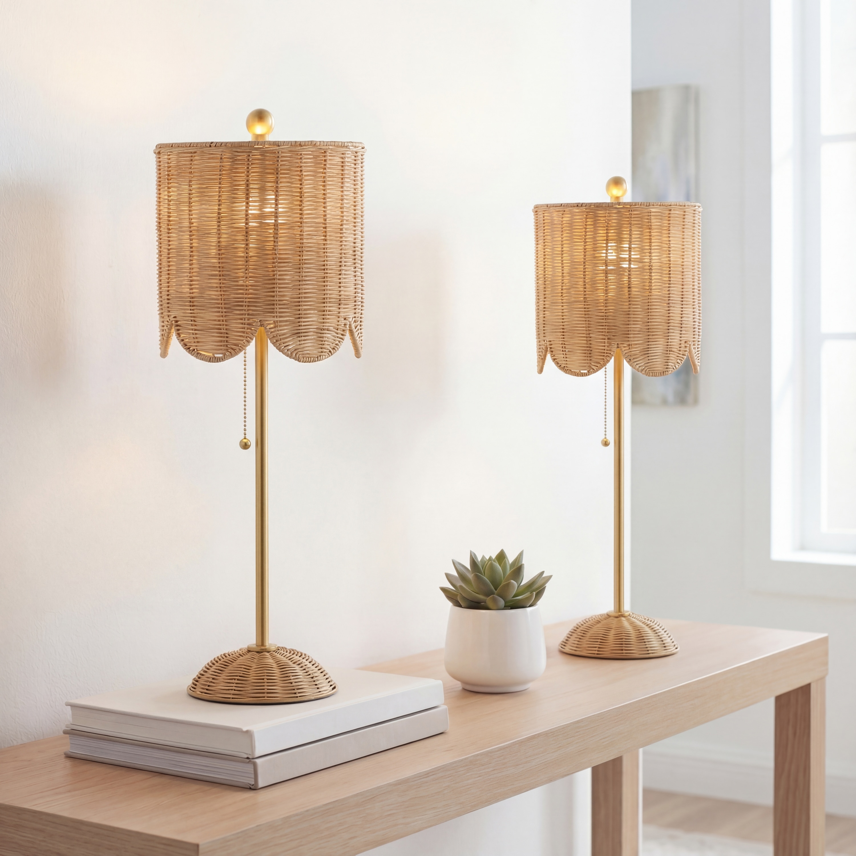 JONATHAN  Y Celerie Coastal Rattan/Iron Scalloped Buffet 27.5-in LED Pull-chain Table Lamp with Rattan Shade (Set of 2)