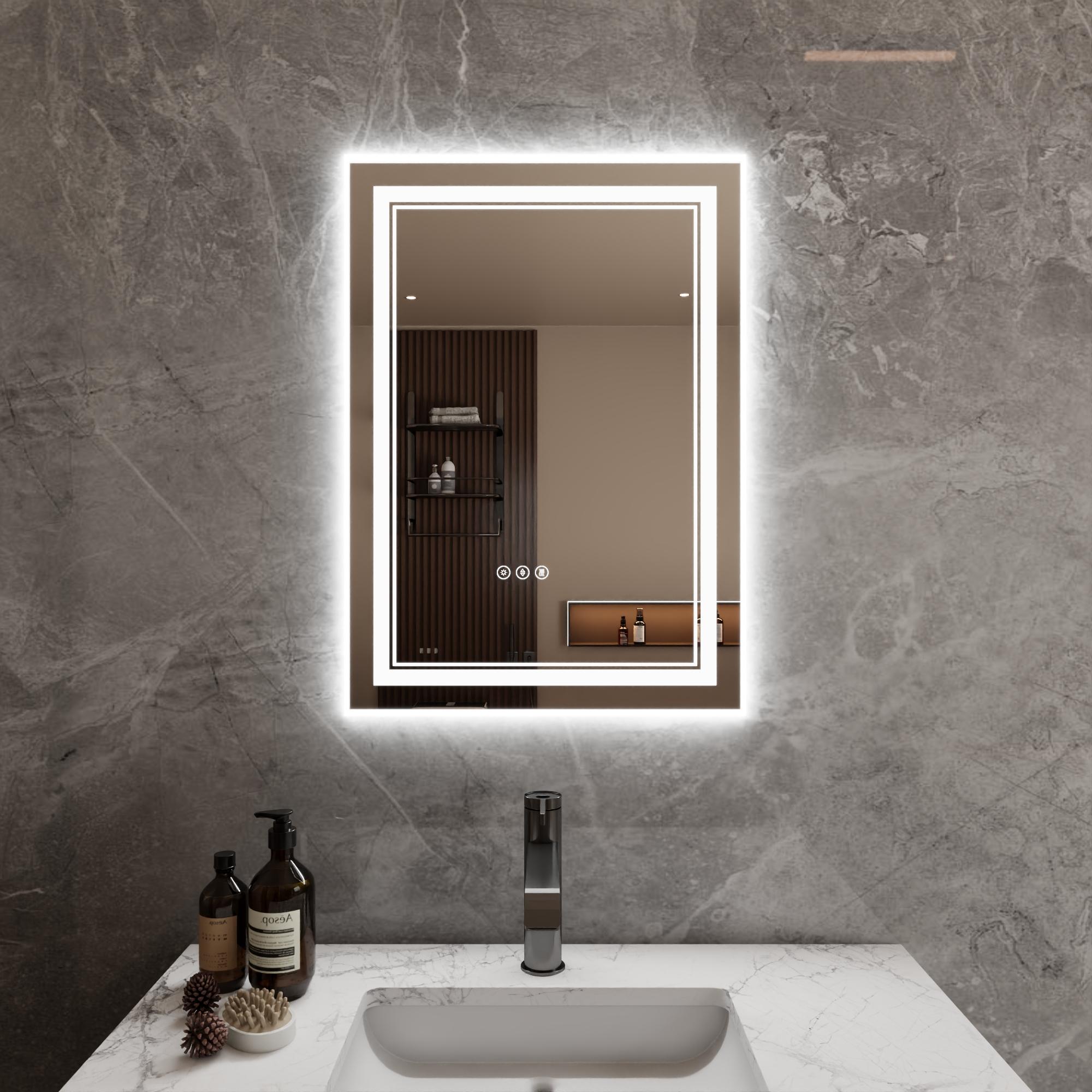 Bayfeve BFXB-1S2028-MIR Modern Multifunction LED Bathroom Mirror 20-in x 27.95-in Polished Frameless Rectangle Dimmable LED Lighted Fog Free Bathroom Vanity Mirror ( Silver )
