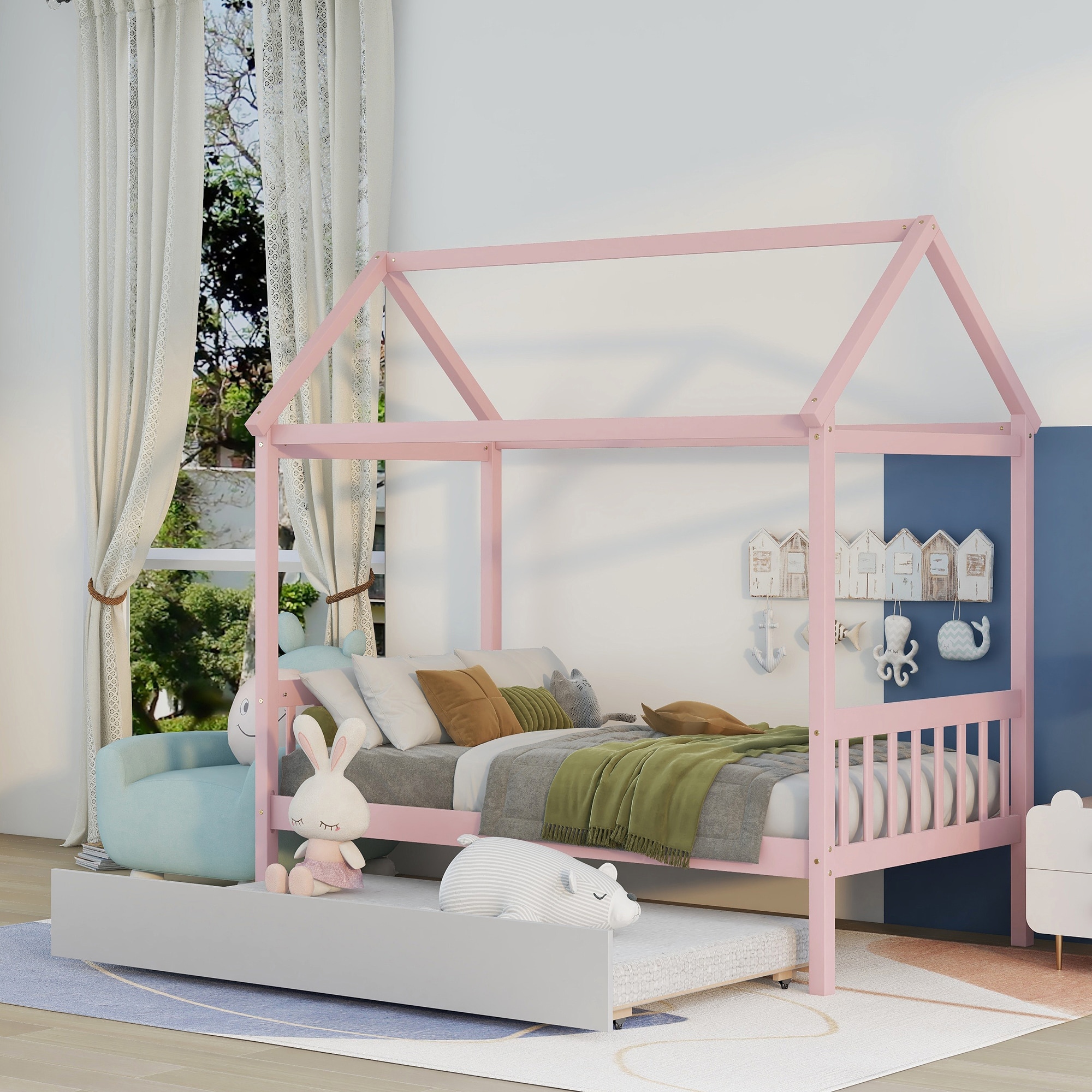 Qualler Pink Twin Trundle Bed with House-Shaped Design for Kids in the ...