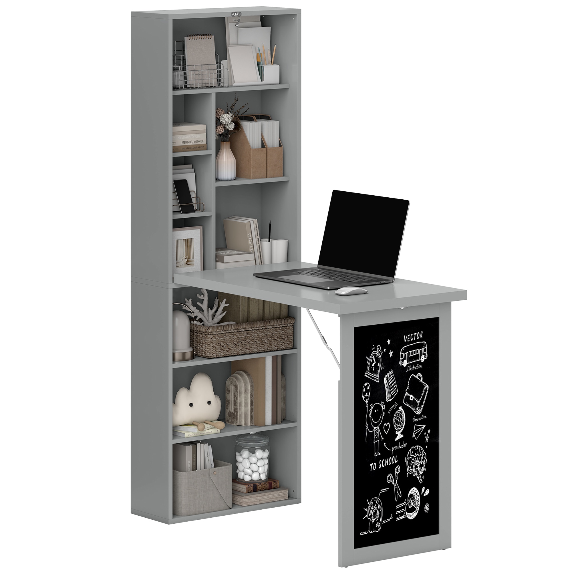 HomCom 836-296CG Fold-out Convertible Writing Table Wall Mount Desk Cabinet with Blackboard and Side Shelf Multi-Function Home Office Workstation Charcoal Gray