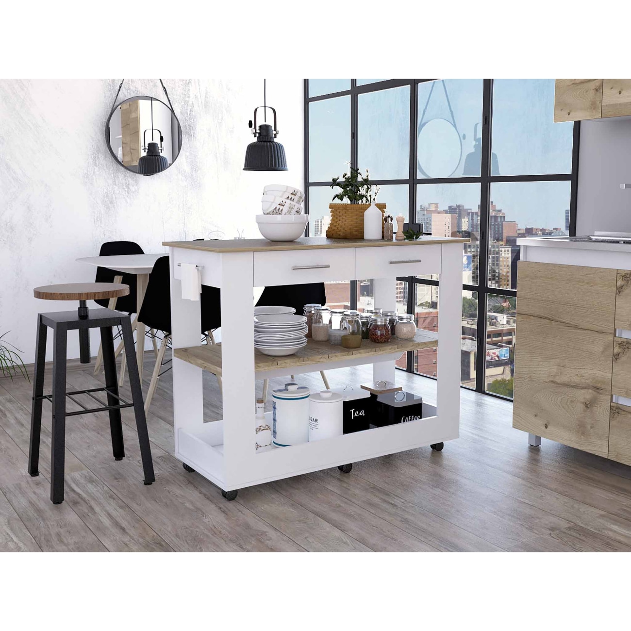 HomeRoots 4000474097 Light Oak and White Kitchen Island with Drawer Shelves and Casters