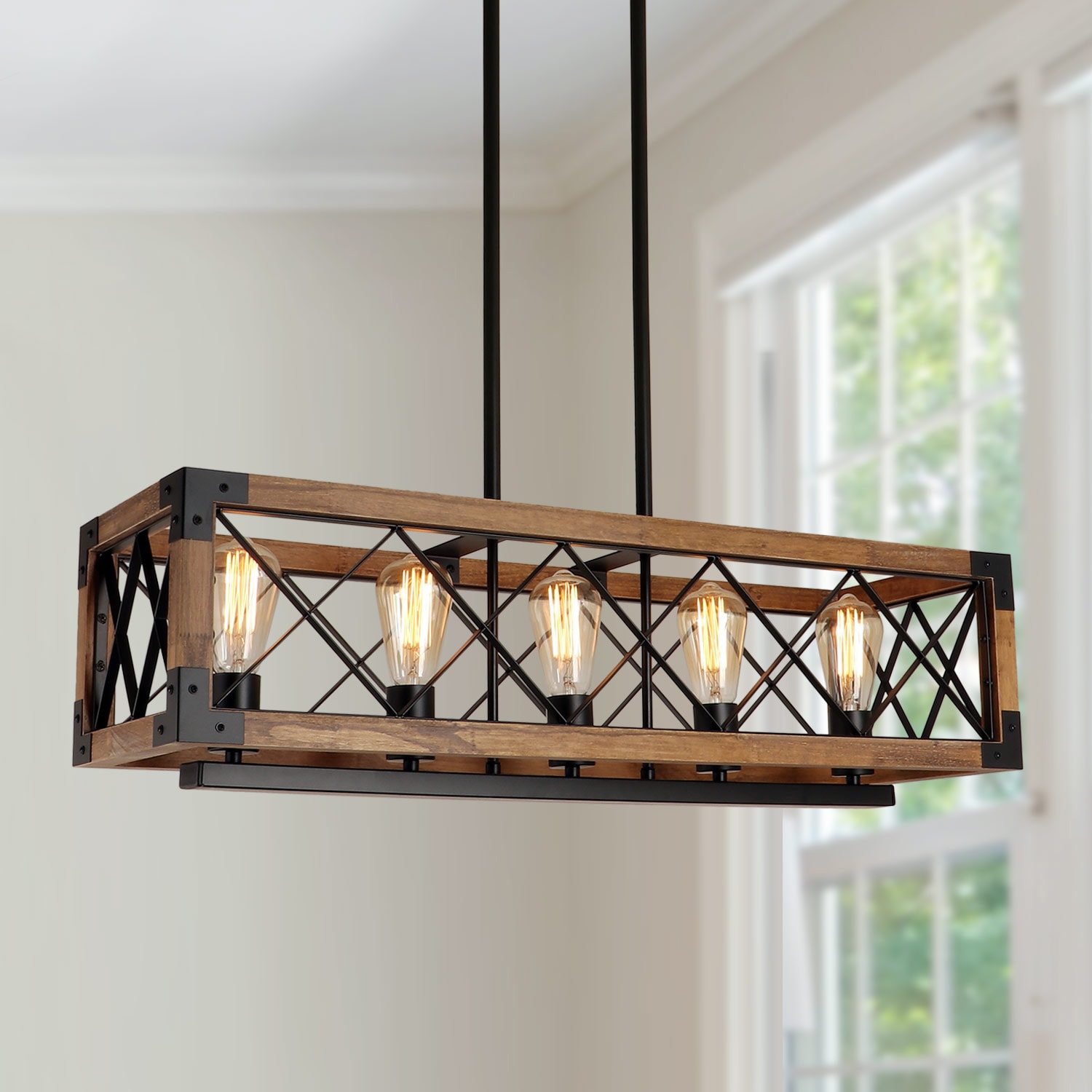 Rustic Black and Brown Wood Cage 5-Light Chandelier