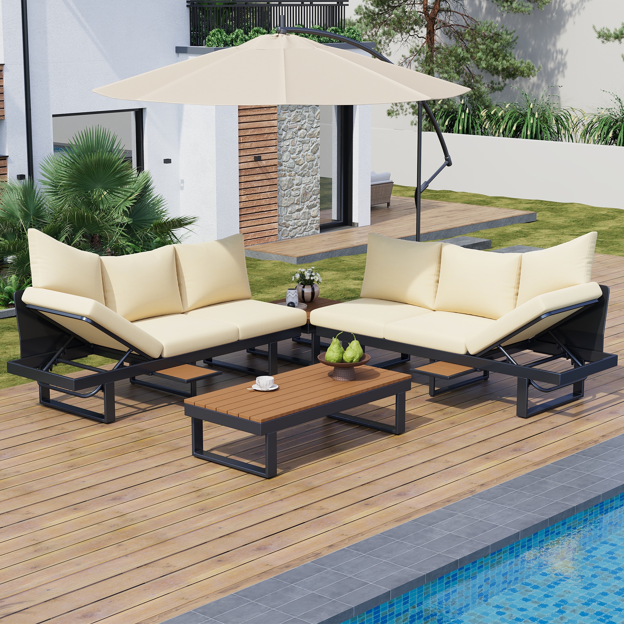 ModernLuxe L-N719Z000170A Outdoor Sectional Sofa Set Patio Conversation Set Patio Seating Group Outdoor Daybed with Adjustable Reclining Seats for Backyard, Poolside and Balcony,Beige 3 -Piece Patio Sofa Conversation Set with Off-white Cushions