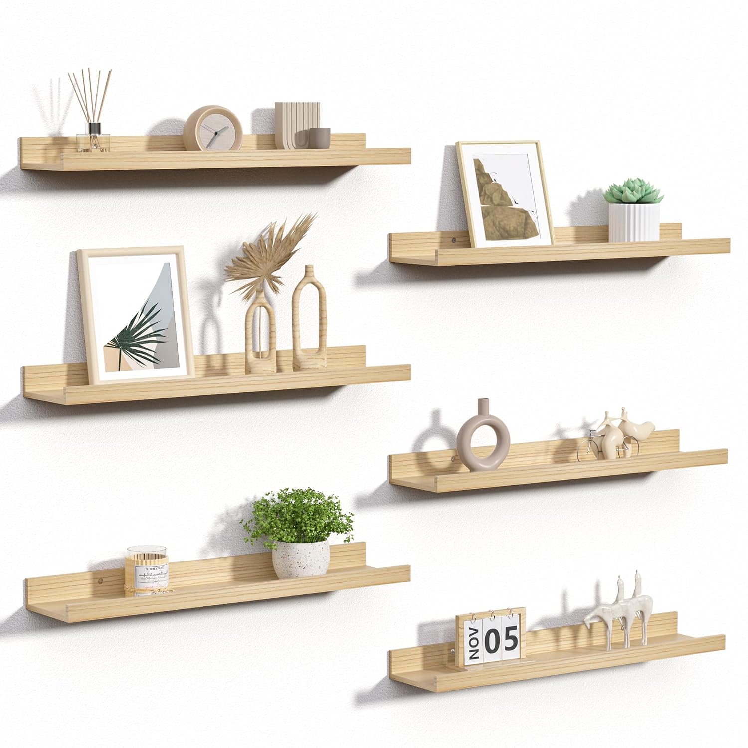 Fredees 23.6 Inch Floating Wall Shelves Set of 6 Wood Picture Ledge Display Shelves for Bedroom Living Room Bathroom Kitchen