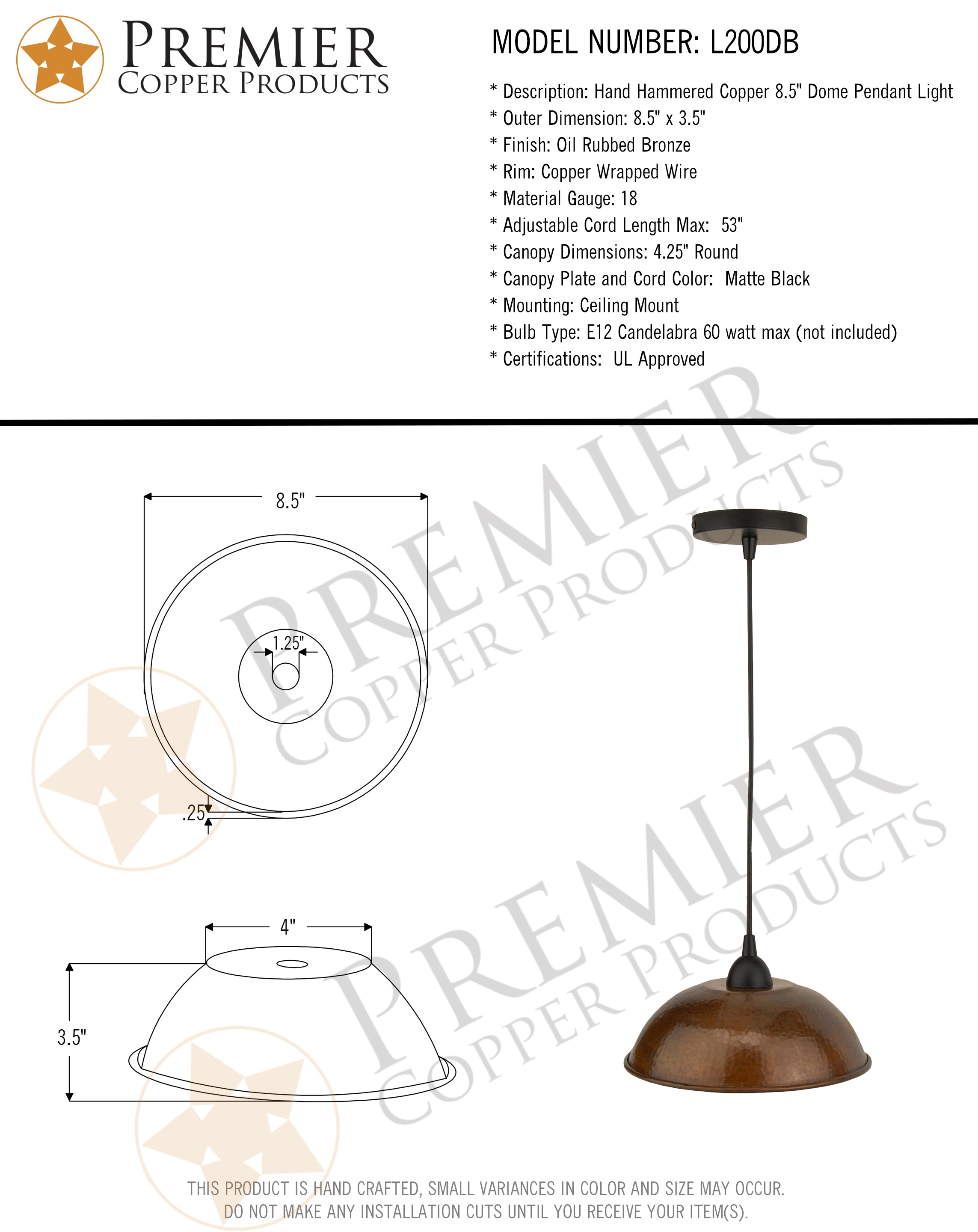 Elegant Hand Hammered 8.5" Copper Dome Pendant Light in Matte Black