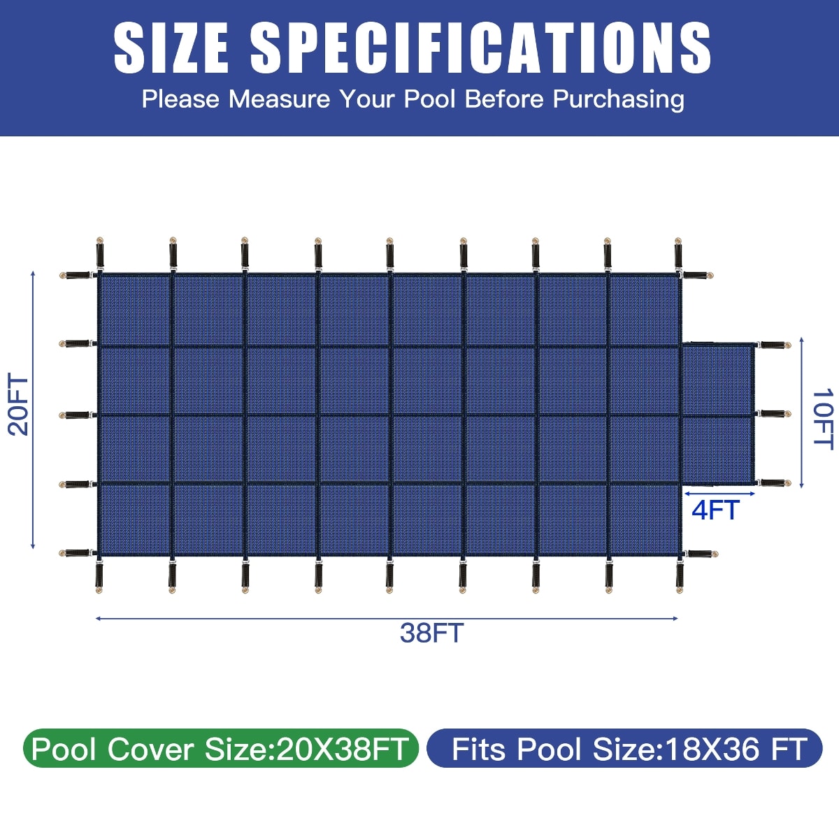 KEOKLE  inground pool safety cover 20x38ft rectangular winter pool cover with 4x10ft center step high strength mesh PP
