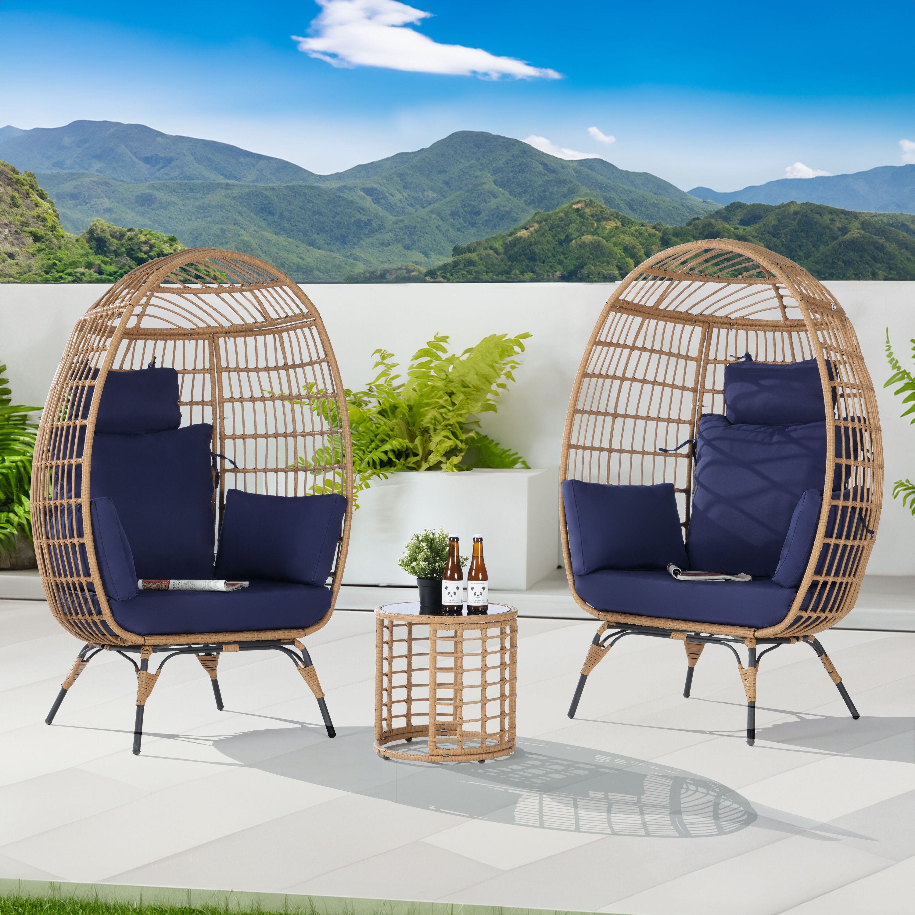 SANSTAR L-JDC55NY-3P 3 -Piece Wicker Patio Conversation Set with Blue Cushions