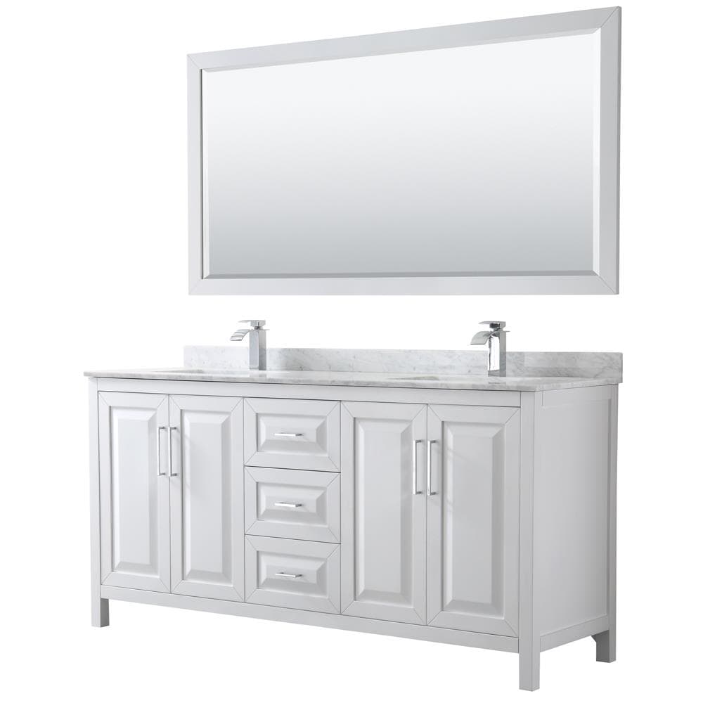 Wyndham Collection WCV252572DWHCMUNSM70 Daria 72-in White with Polished Chrome Trim Undermount Double sink Bathroom Vanity with White Carrara Marble Natural marble Top (Mirror Included)