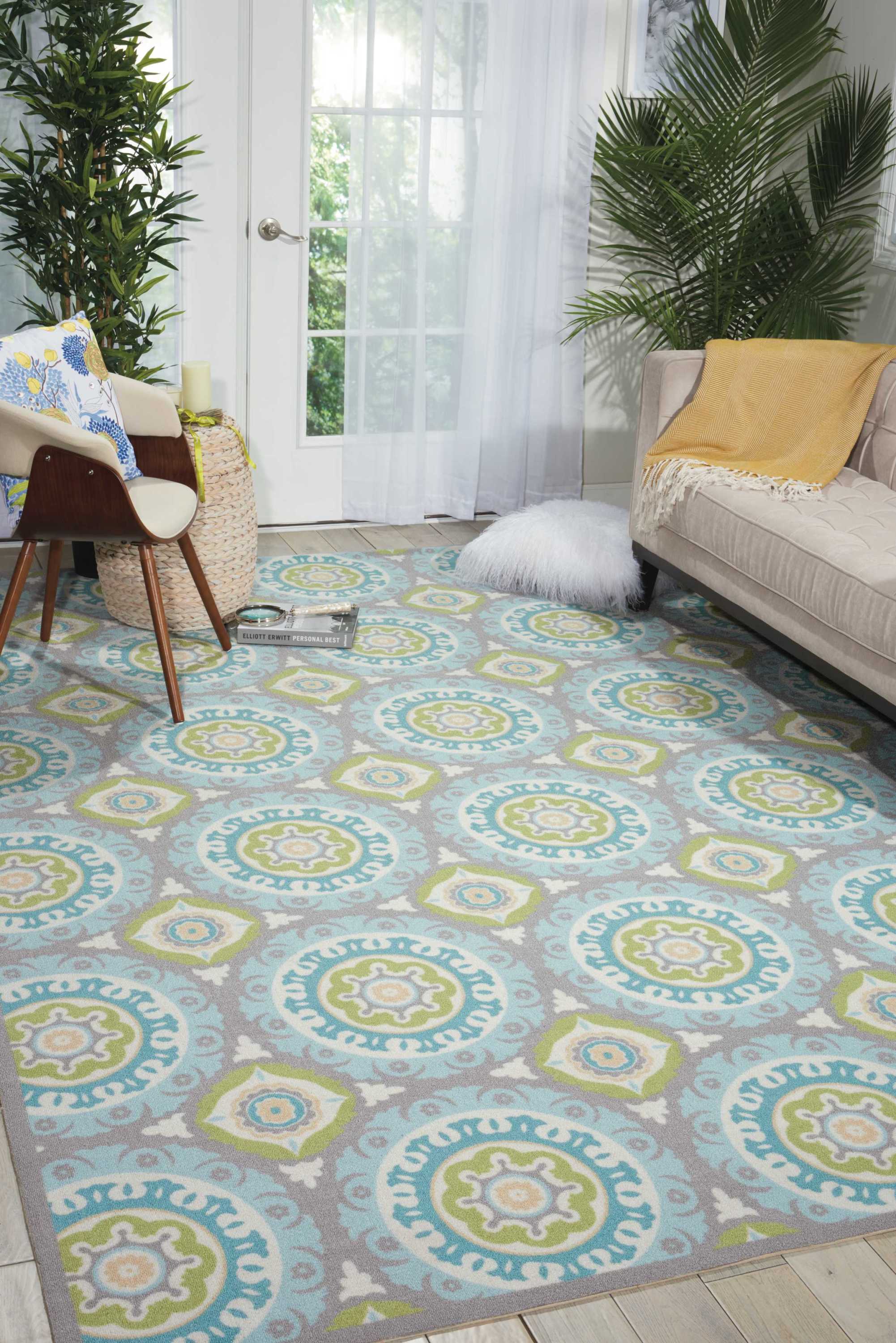Nourison 33702 Sun N' Shade 7 x 7 (ft) Loomed Polyester Green Rectangular Indoor/Outdoor Abstract Area rug