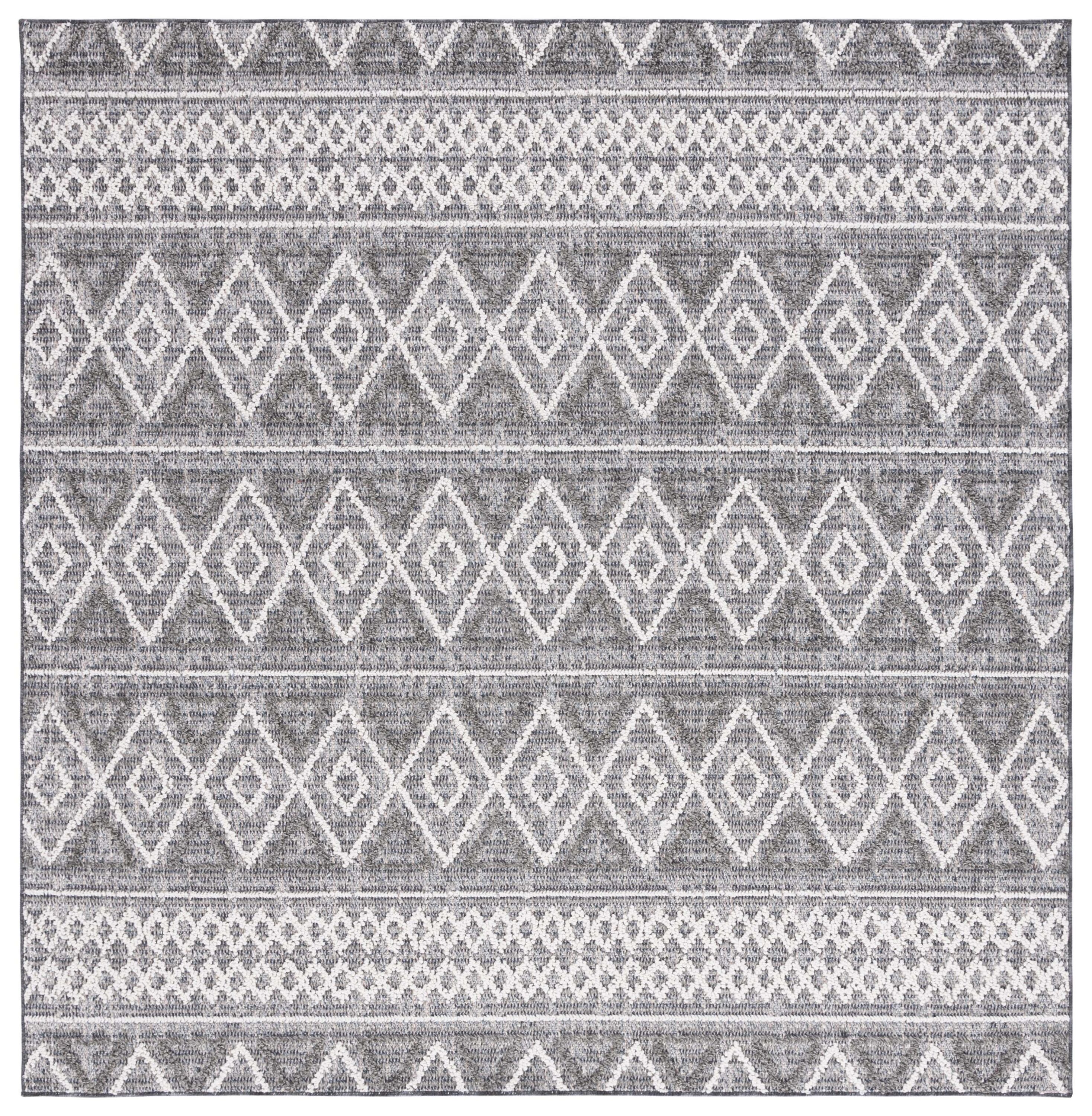 Ivory and Grey Synthetic Square Boho Area Rug