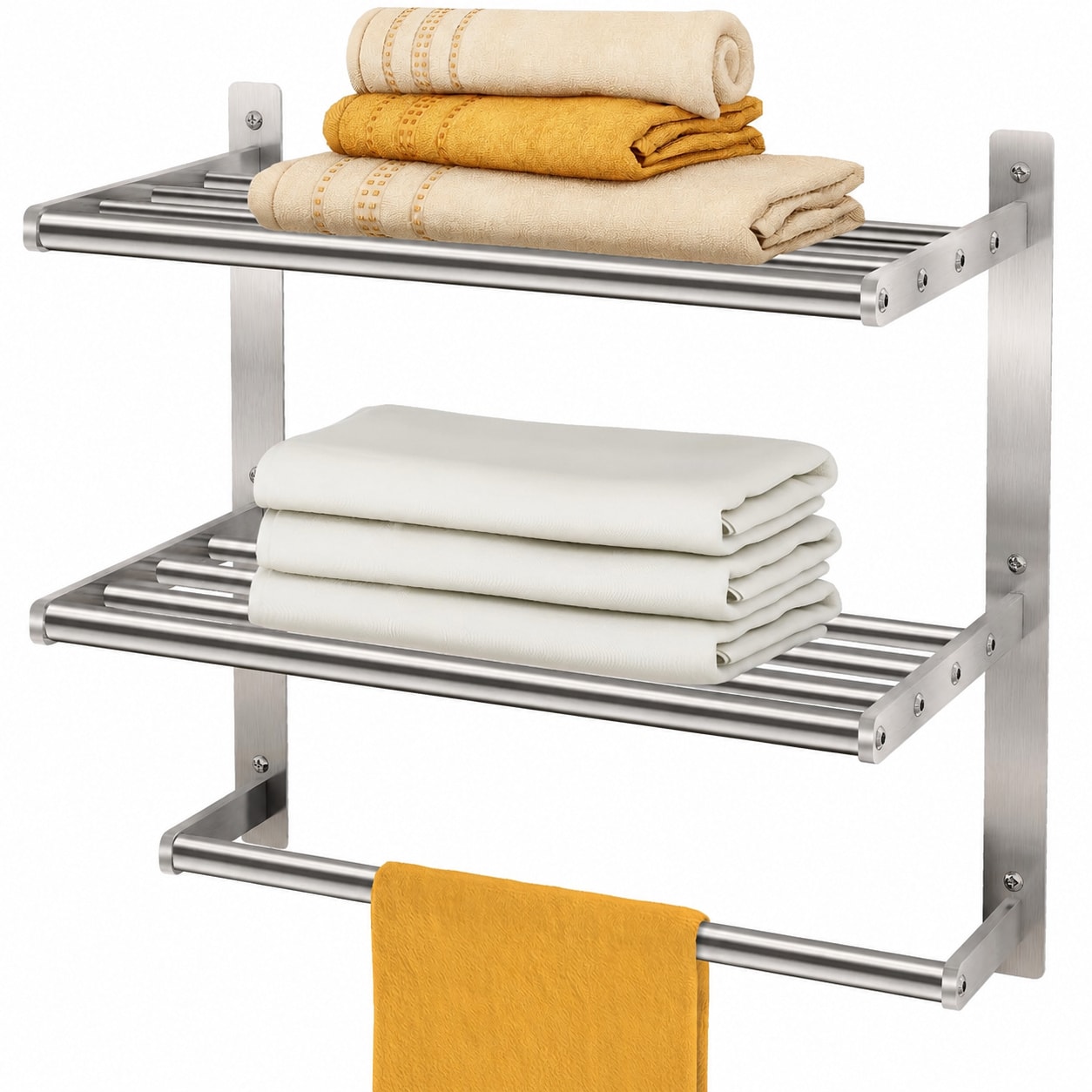 Lovav Brushed nickel Wall Mounted Bathroom Towel Rack With Storage Shelf And Towel Bars For Hotel And Home Use 16IN 1 Bar 3 Tier