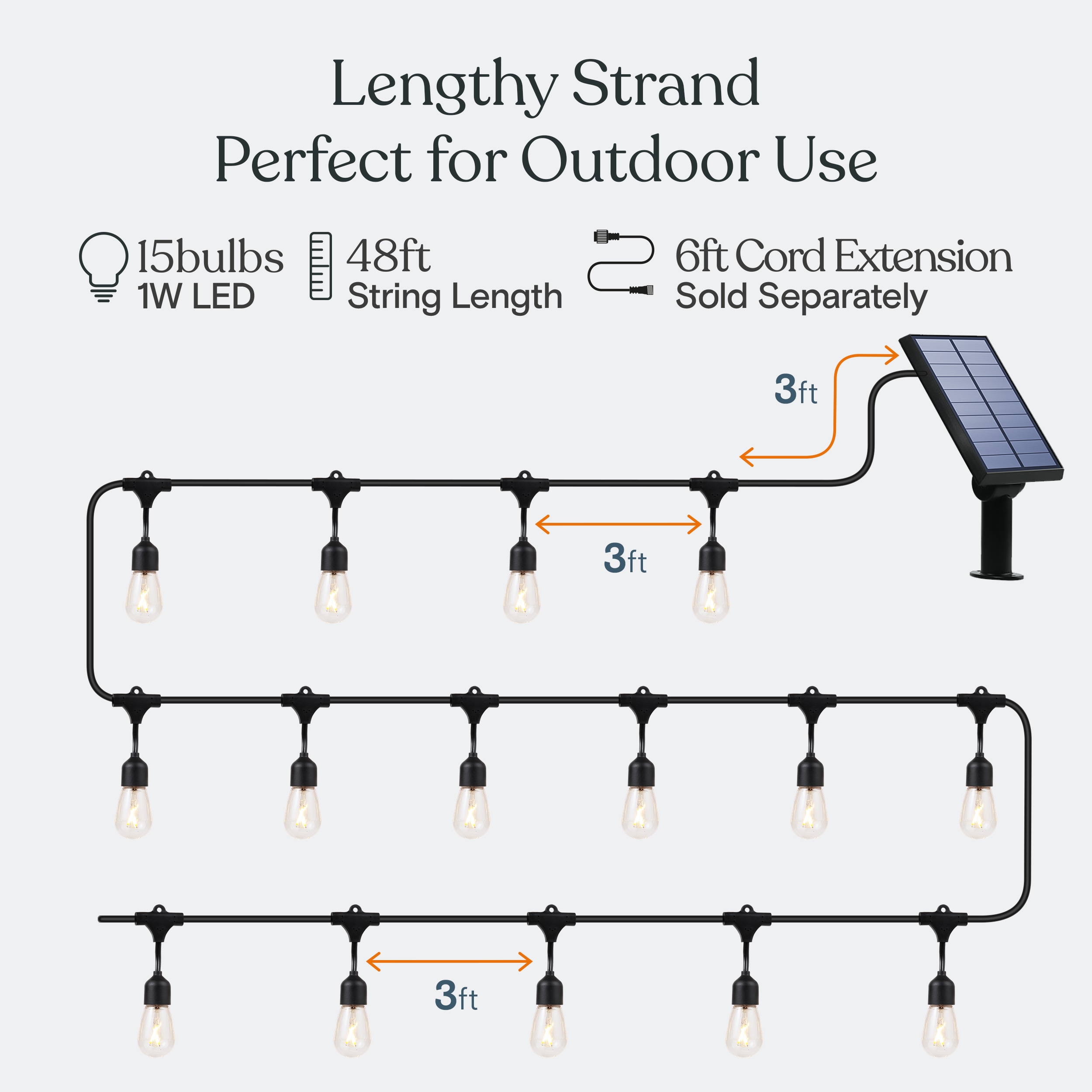 Brightech 48 Ft Solar Classic Black Outdoor String Light With 15 White Led Edison Bulbs With 9652