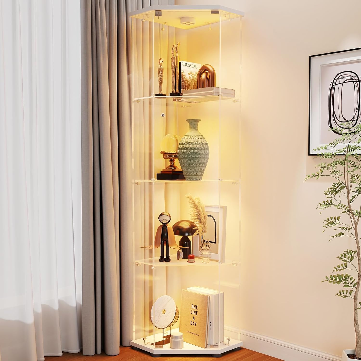 Zevemomo - Corner Glass Display Cabinet with LED Lights and Lock for Collectibles (White)