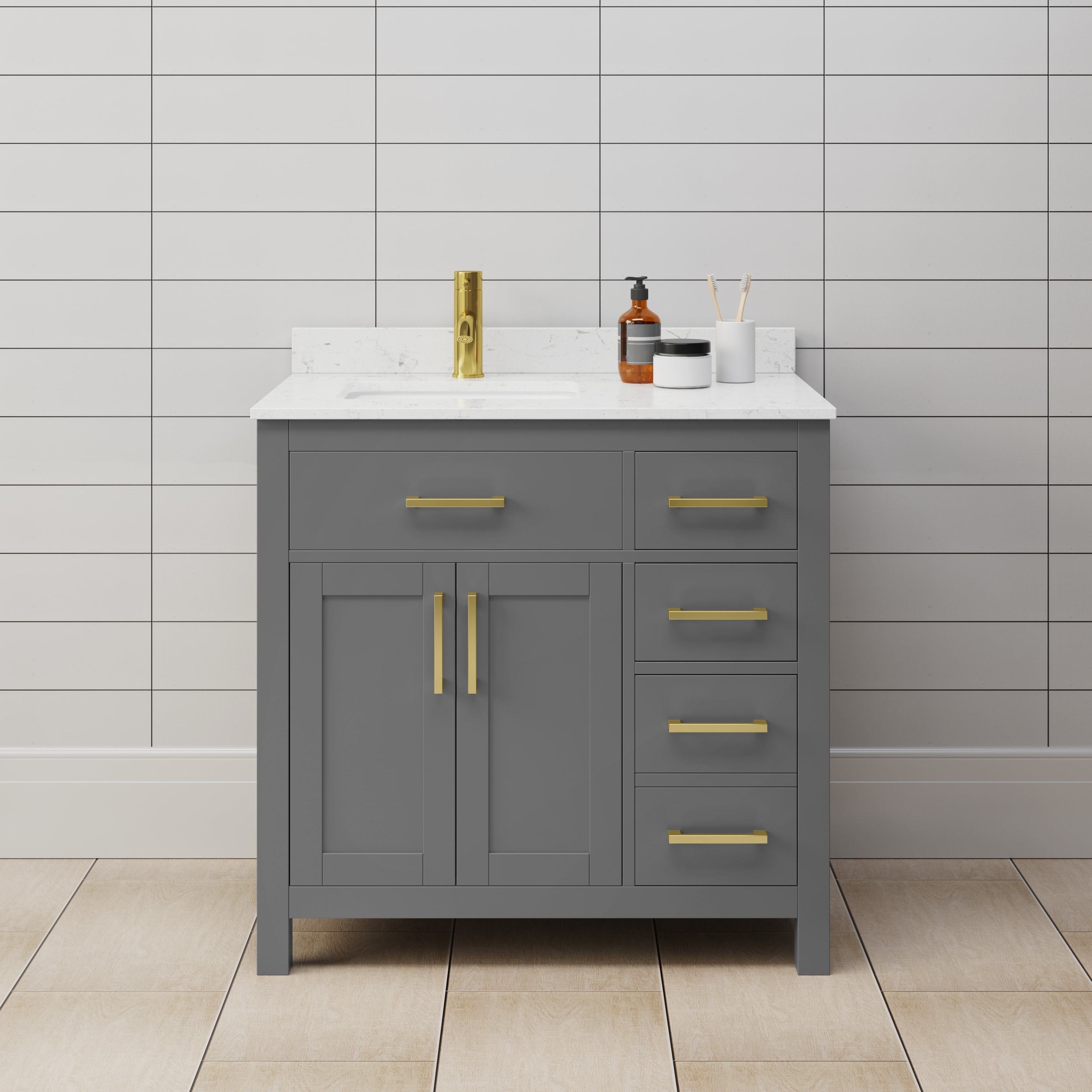 Wyndham Collection WCG242436SGGCCUNSMXX Beckett 36-in Dark Gray with Brushed Gold Trim Undermount Single sink Bathroom Vanity with Carrara Cultured Marble Cultured marble Top