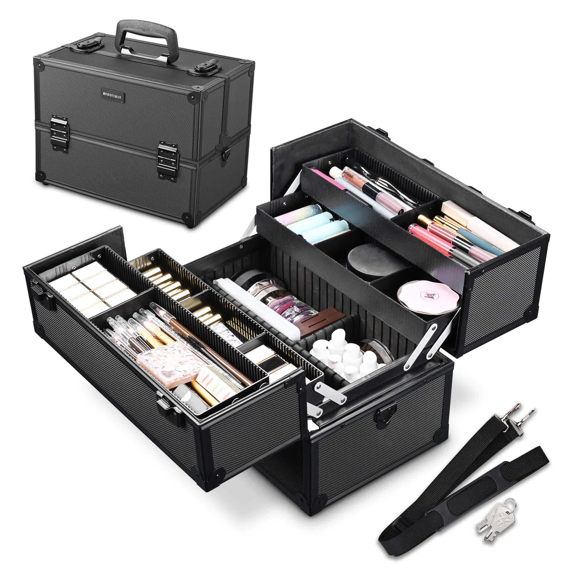 Yescom 12MKC003-C1ABS-06-LO Byootique Portable Aluminum Makeup Case with Splitter Plate Lockable Cosmetic Train Organizer