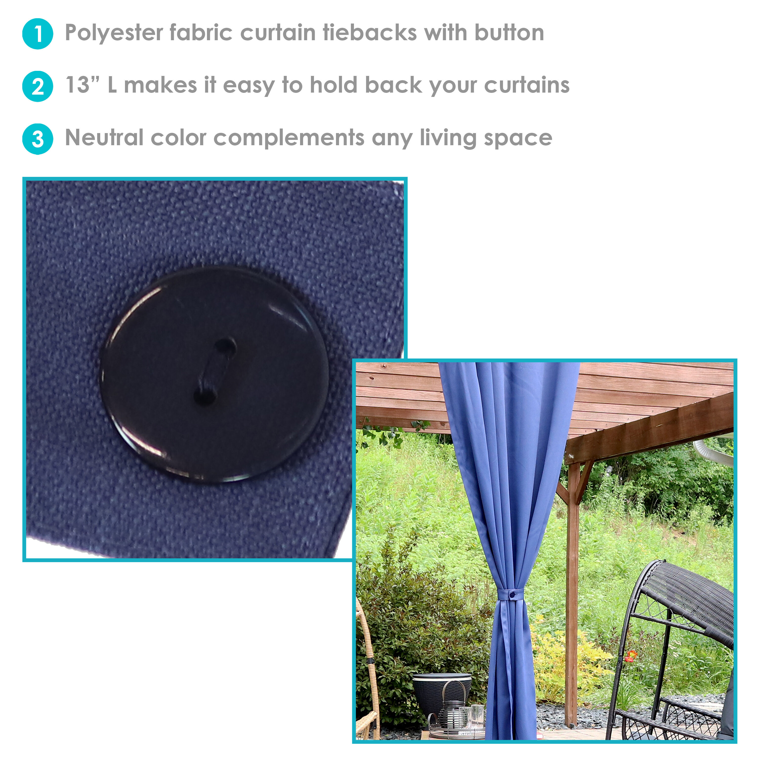 Blue Polyester Fabric Curtain Tiebacks with Resin Buttons - Set of 2