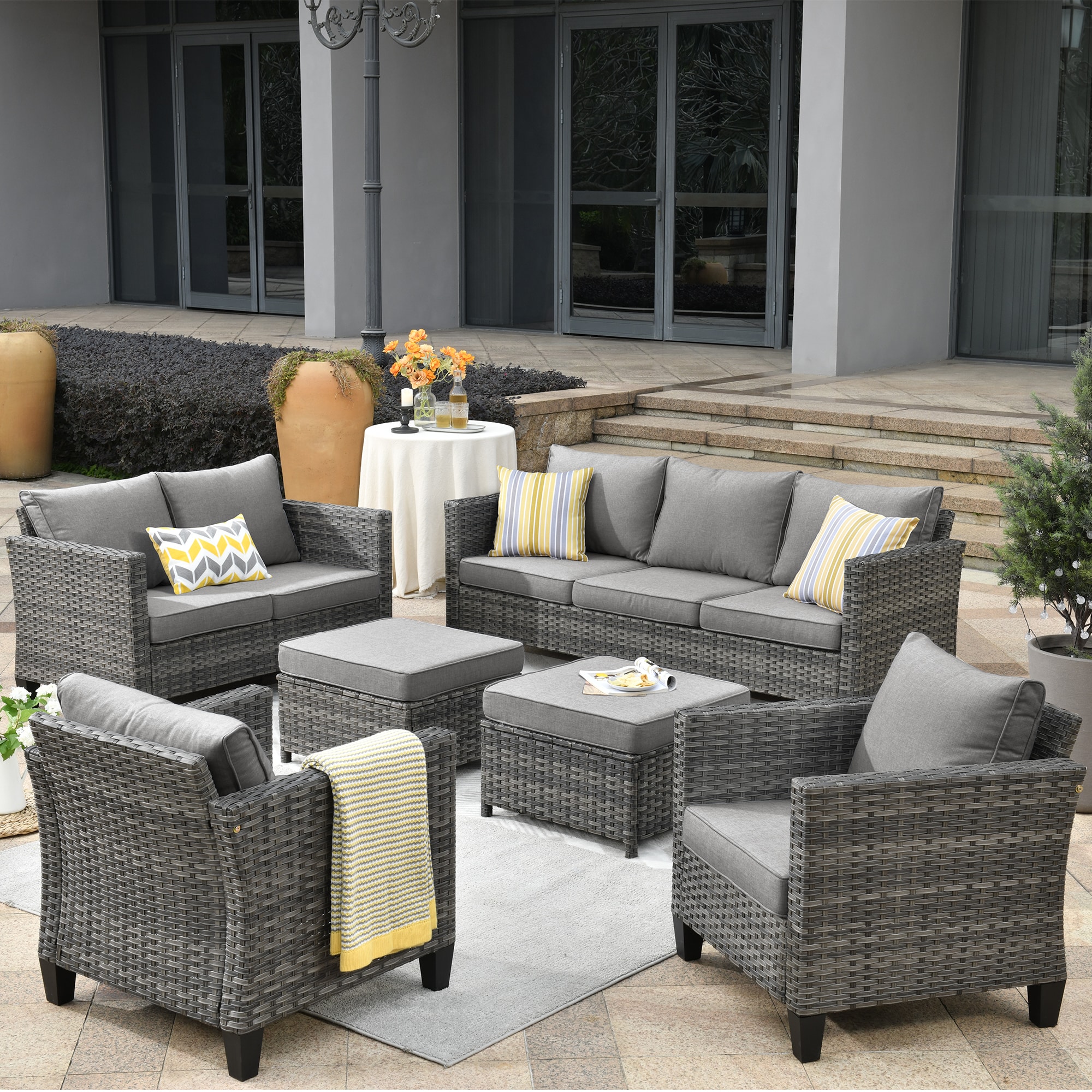 Pouuin SGRS206L 6 -Piece Wicker Patio Sofa Conversation Set with Gray Olefin Cushions