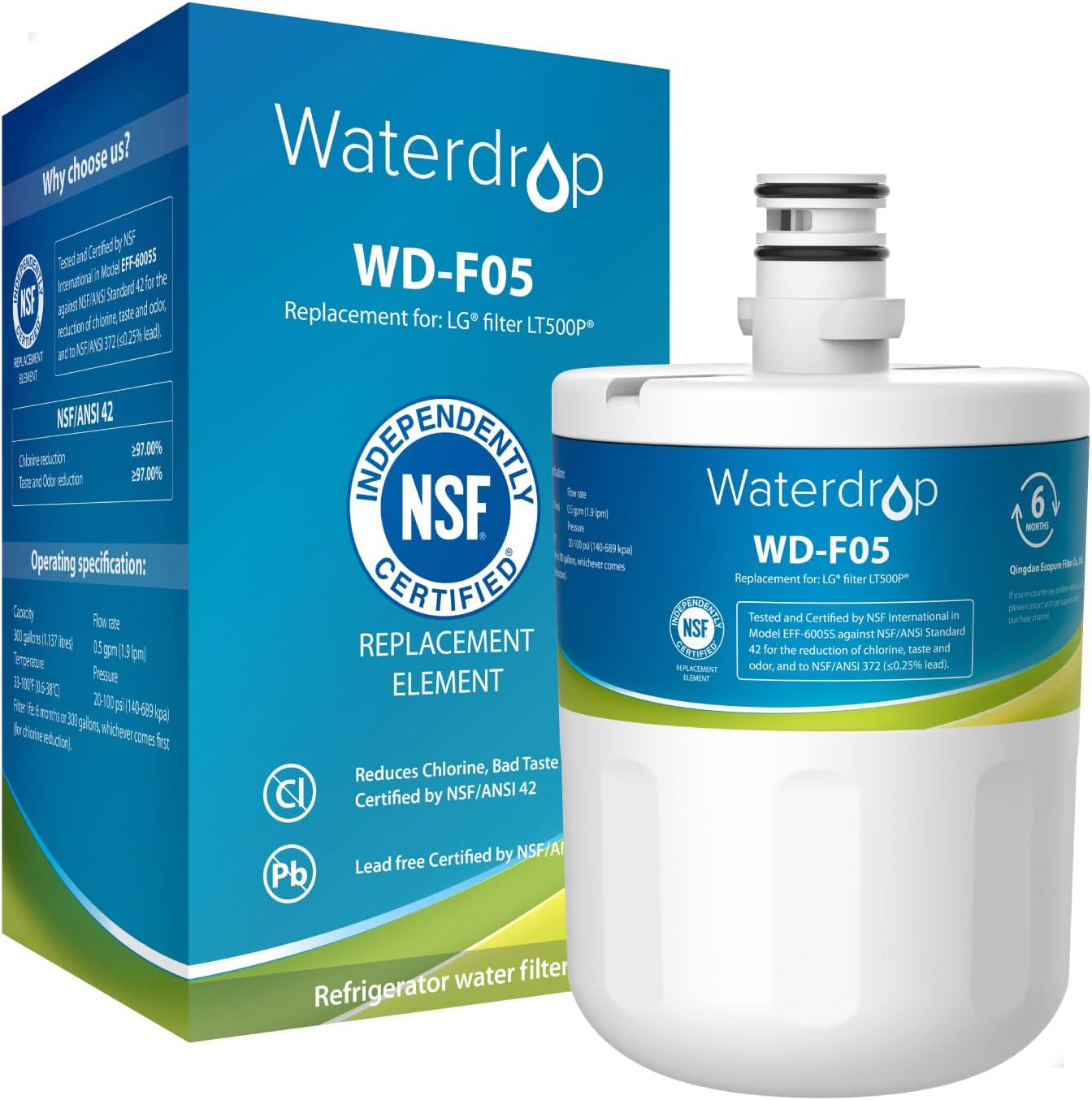 Waterdrop B-42-WDS-F05 Refrigerator Water Filter Whole House 6 Replacement Filter