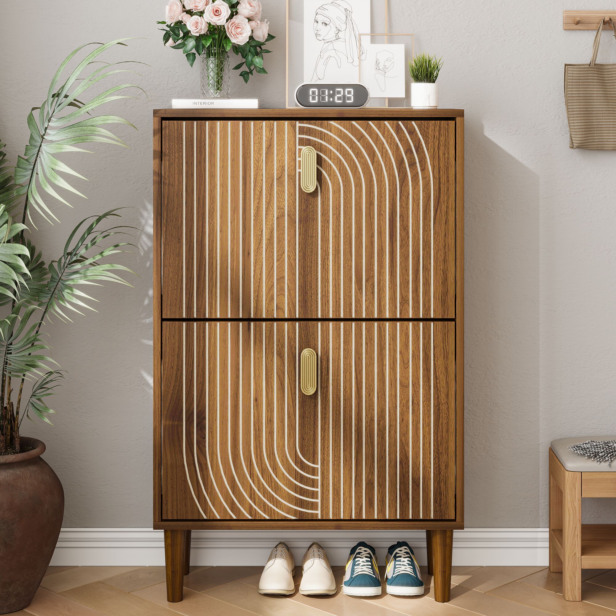 KTMBDW Shoe Cabinet with 2 Flip Drawers - Hidden Wood Shoe Cabinet Freestanding Shoe Storage Cabinet for Entryway Hallway -Brown
