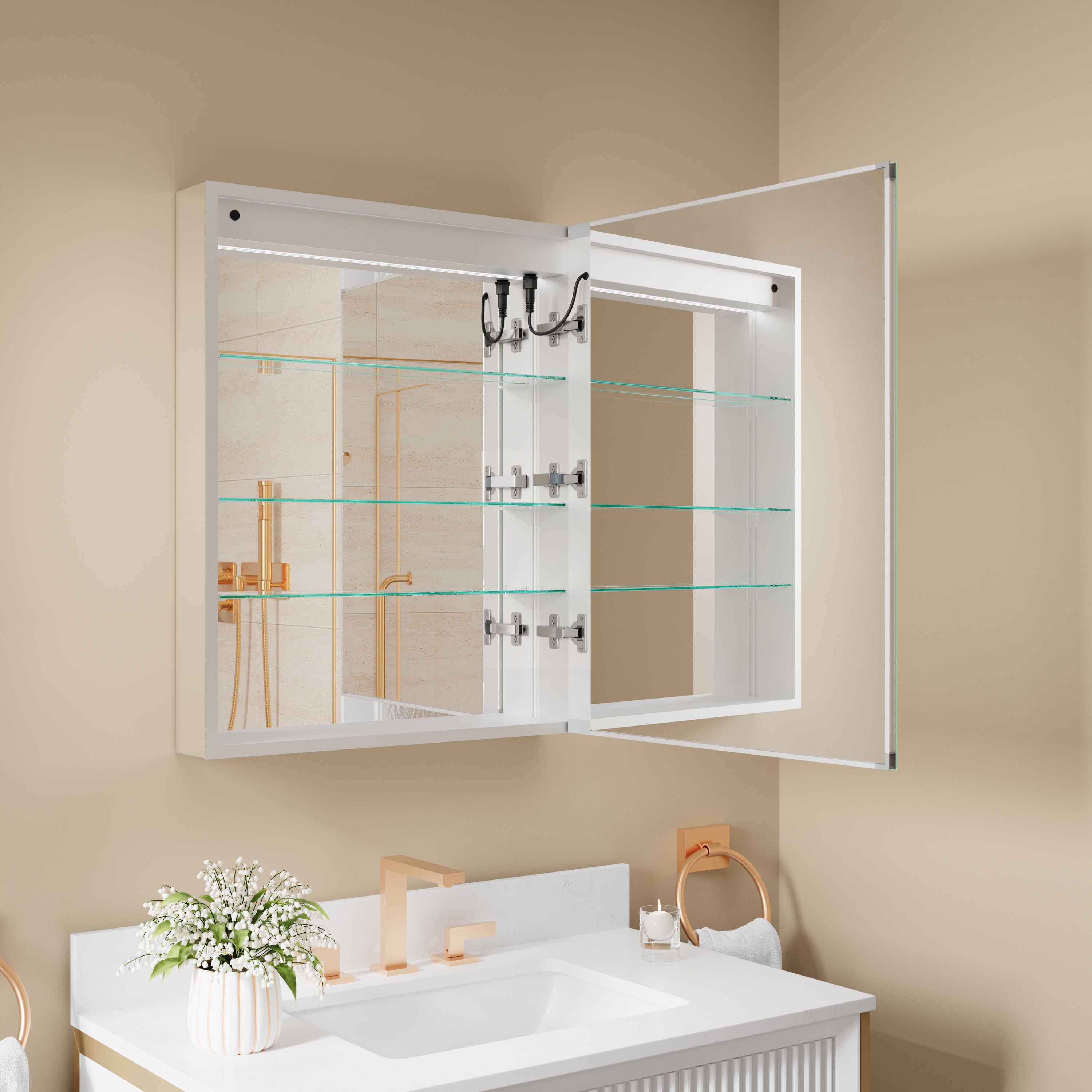 CALVON CLW42430R Vionex LED Medicine Cabinet 24-in x 30-in Lighted LED Fog Free Surface/Recessed Mount Silver Mirrored Rectangle Soft Close Medicine Cabinet with Outlet