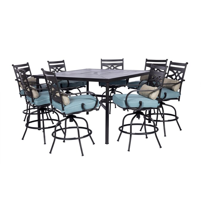 Patio Set With Blue Olefin Cushions, Outdoor Dining Furniture Bar Height