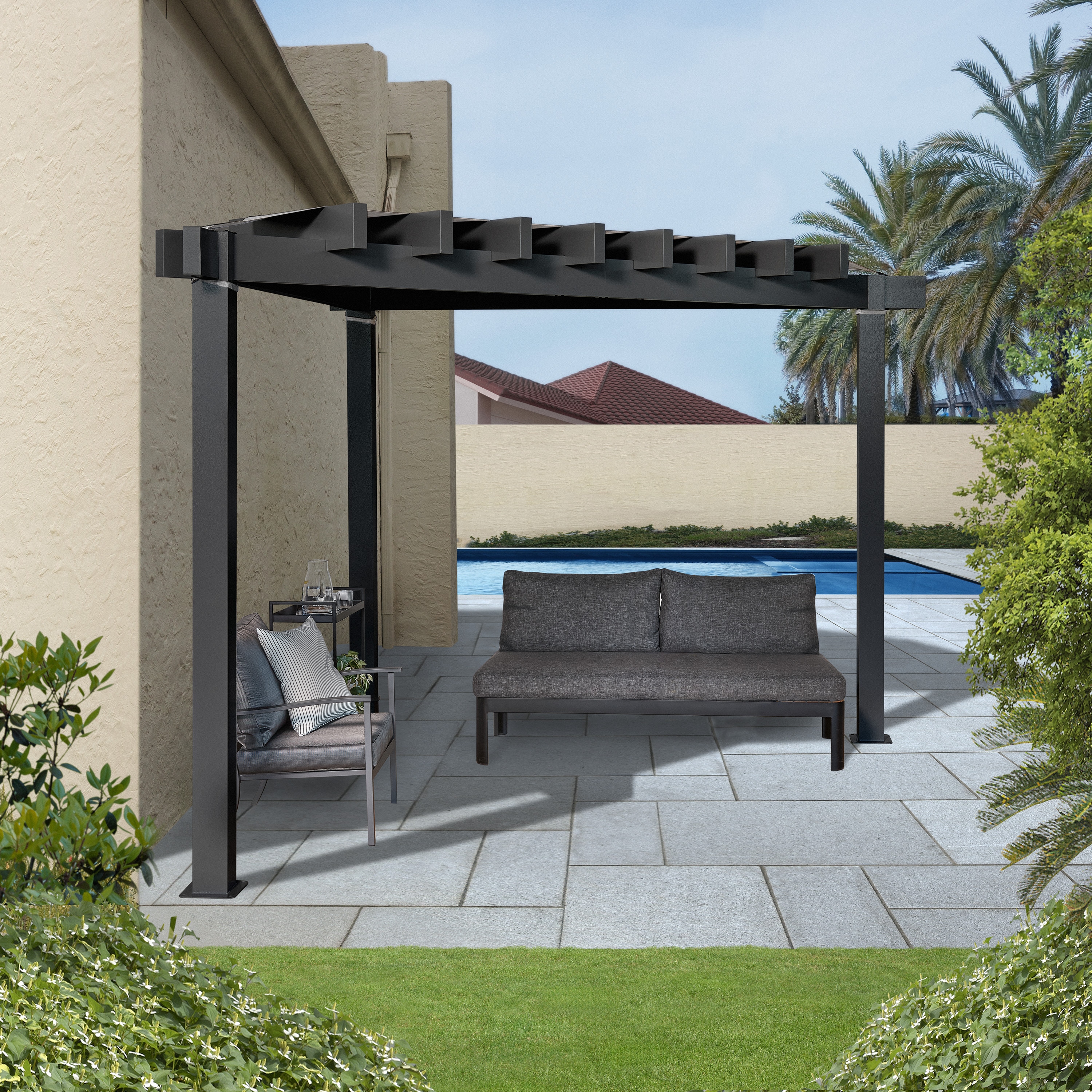 Sojag Lima 10-ft W x 10-ft L x 10-ft H Grey Metal Attached Pergola with ...