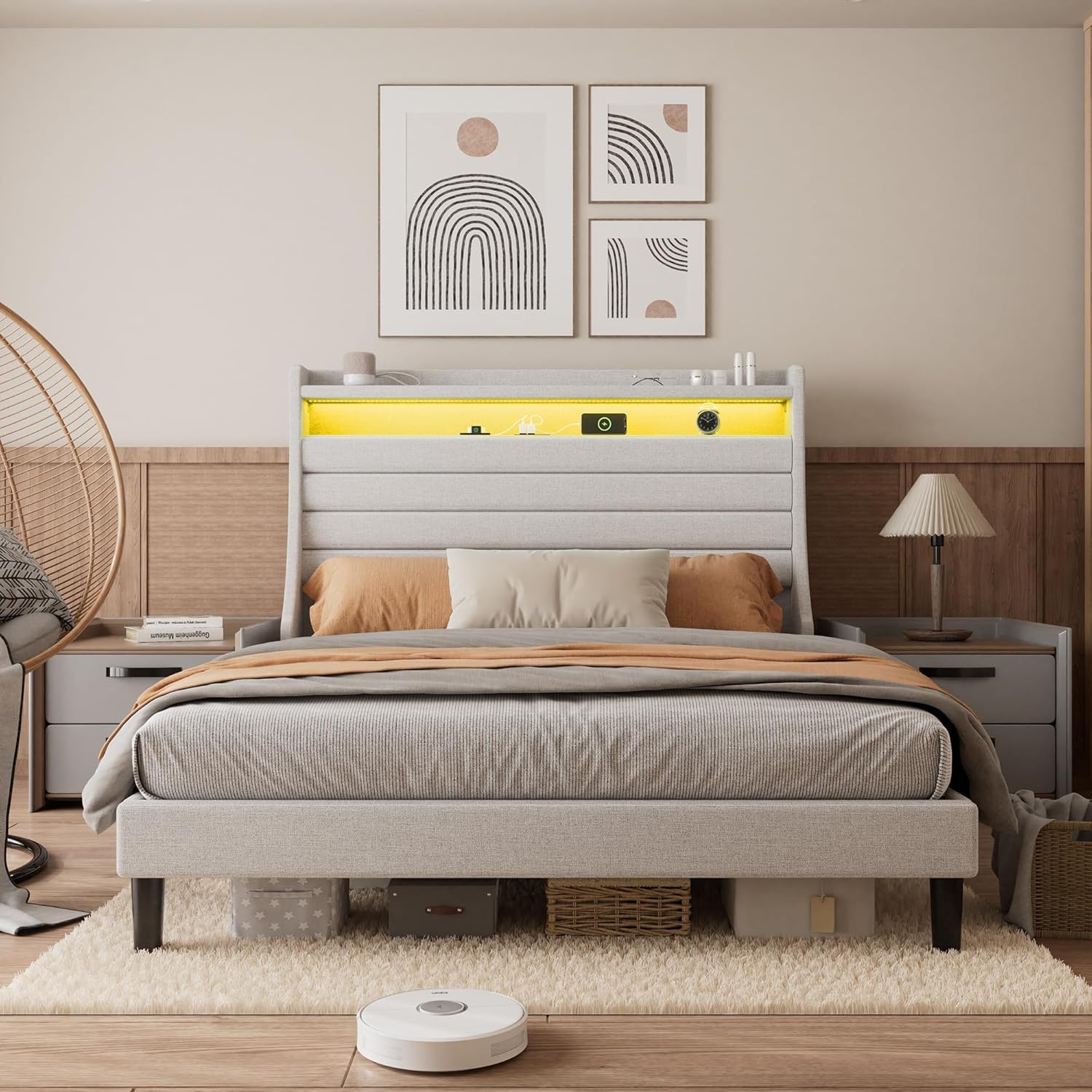 Qeetex PD-PHO-3449WKD4 Queen Upholstered Bed Frame With Headboard-Storage Platform-2 Drawers-Footboard-Steel Slat Support-No Box Spring Needed