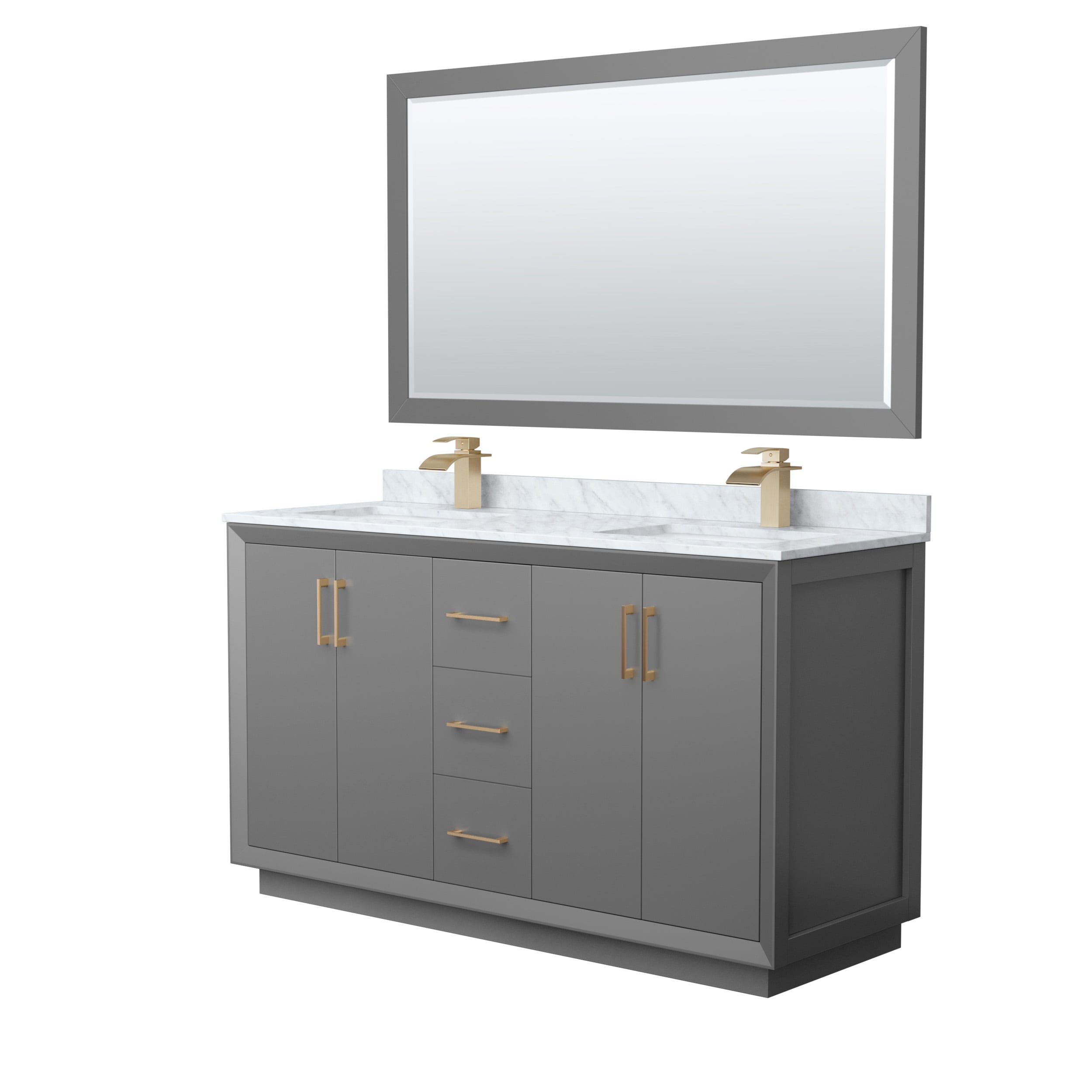 Wyndham Collection WCF414160DGZCMUNSM58 Strada 60-in Dark Gray with Satin Bronze Trim Undermount Double sink Bathroom Vanity with White Carrara marble Natural marble Top (Mirror Included)