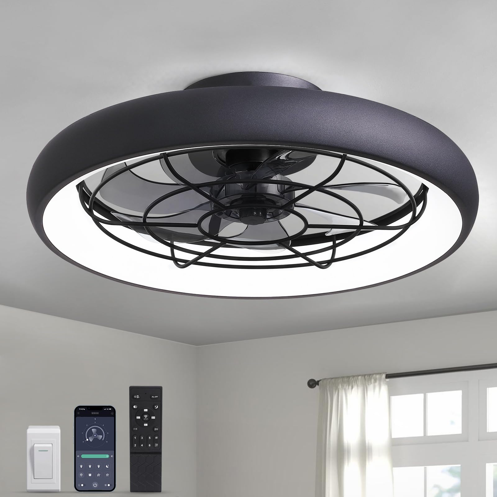 SILJOY FS6938-02 Flush mount Ceiling Fan with Light and Remote Control Include