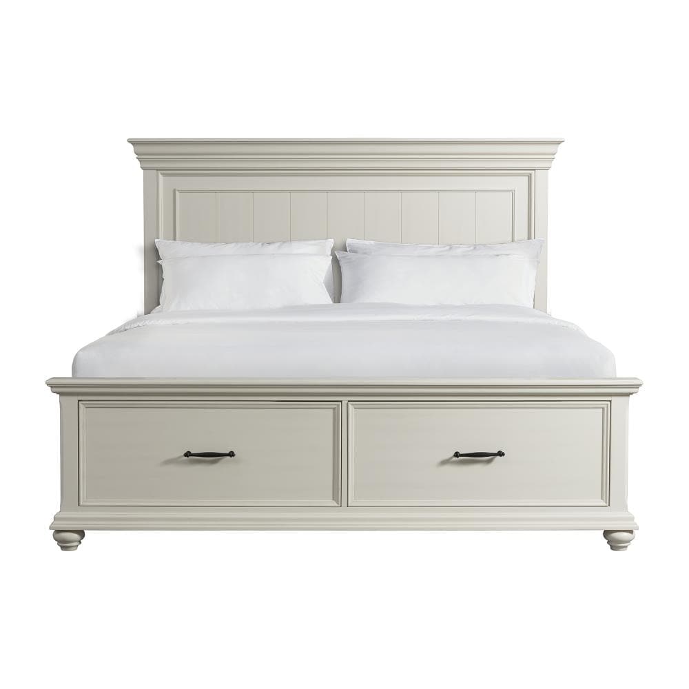 White King Transitional Wood Storage Bed with Headboard and Drawers