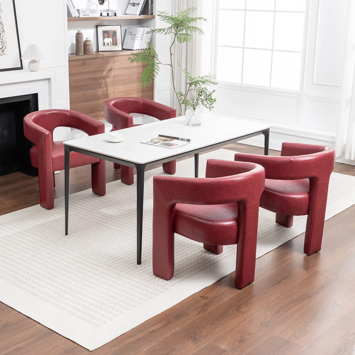 SEYNAR CE709-RED-S4 Modern Glam PU Leather Upholstered Dining Chair Open Back Accent Chair Set of 2