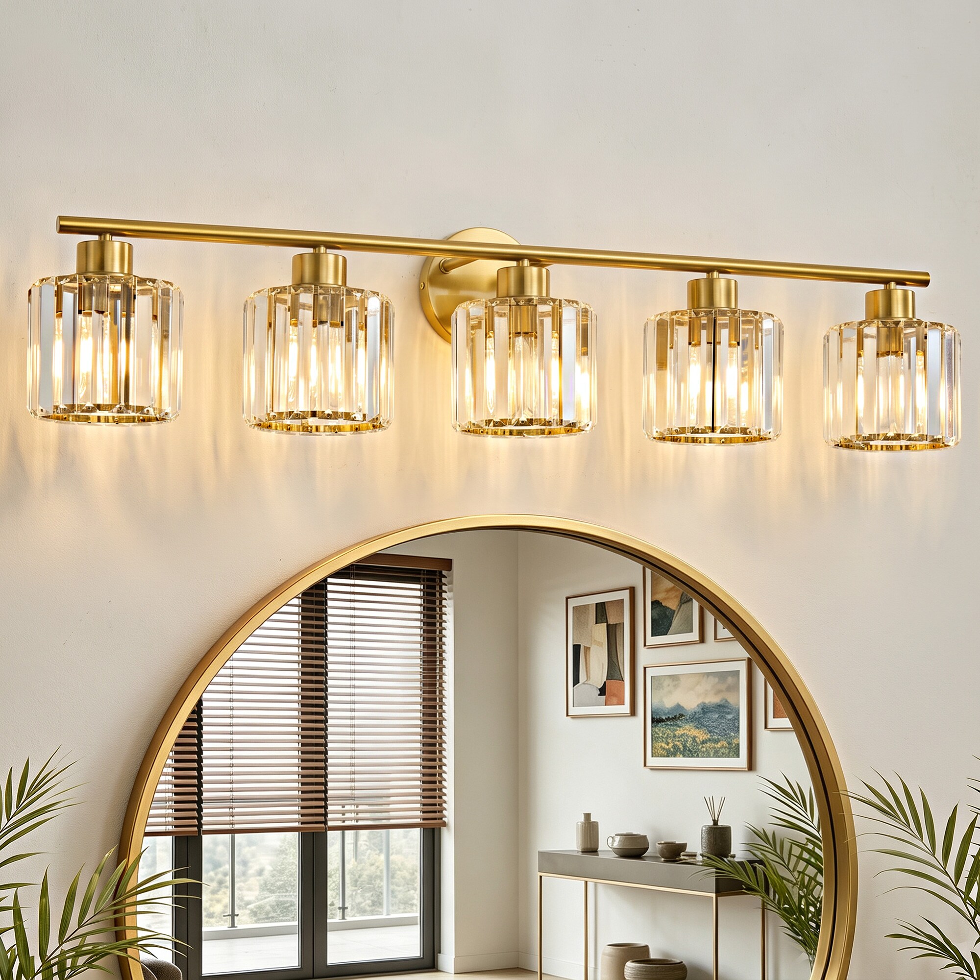 POWLIG Crystal Vanity Light 36.93-in 5 Light Gloss Gold Glam Bathroom Vanity light
